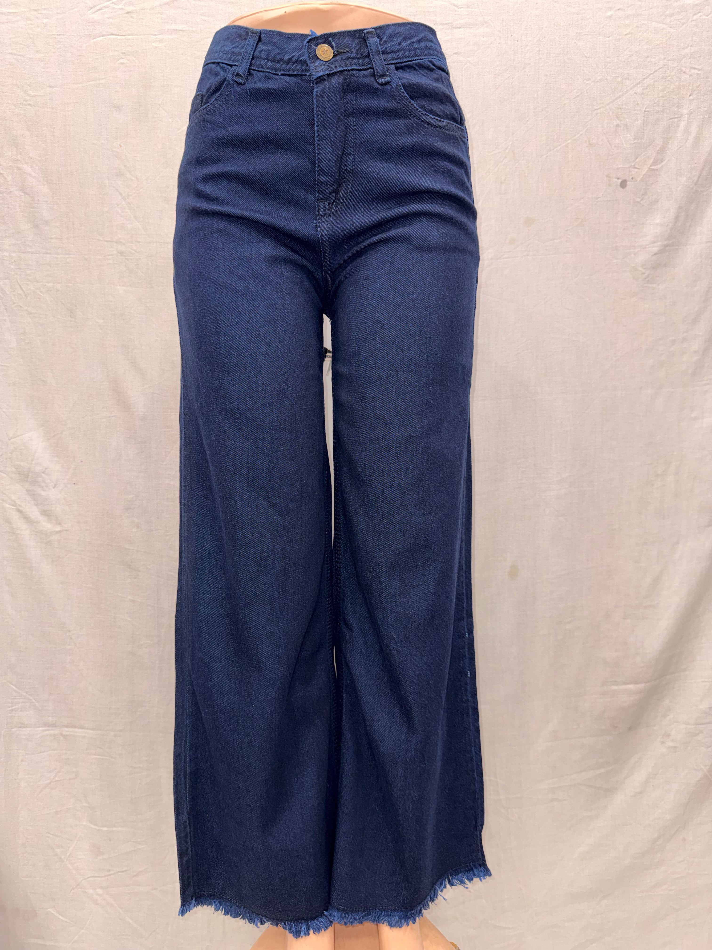 Dark Blue Wide Leg Open Bottom Ladies Jeans, comfort stretch Denim