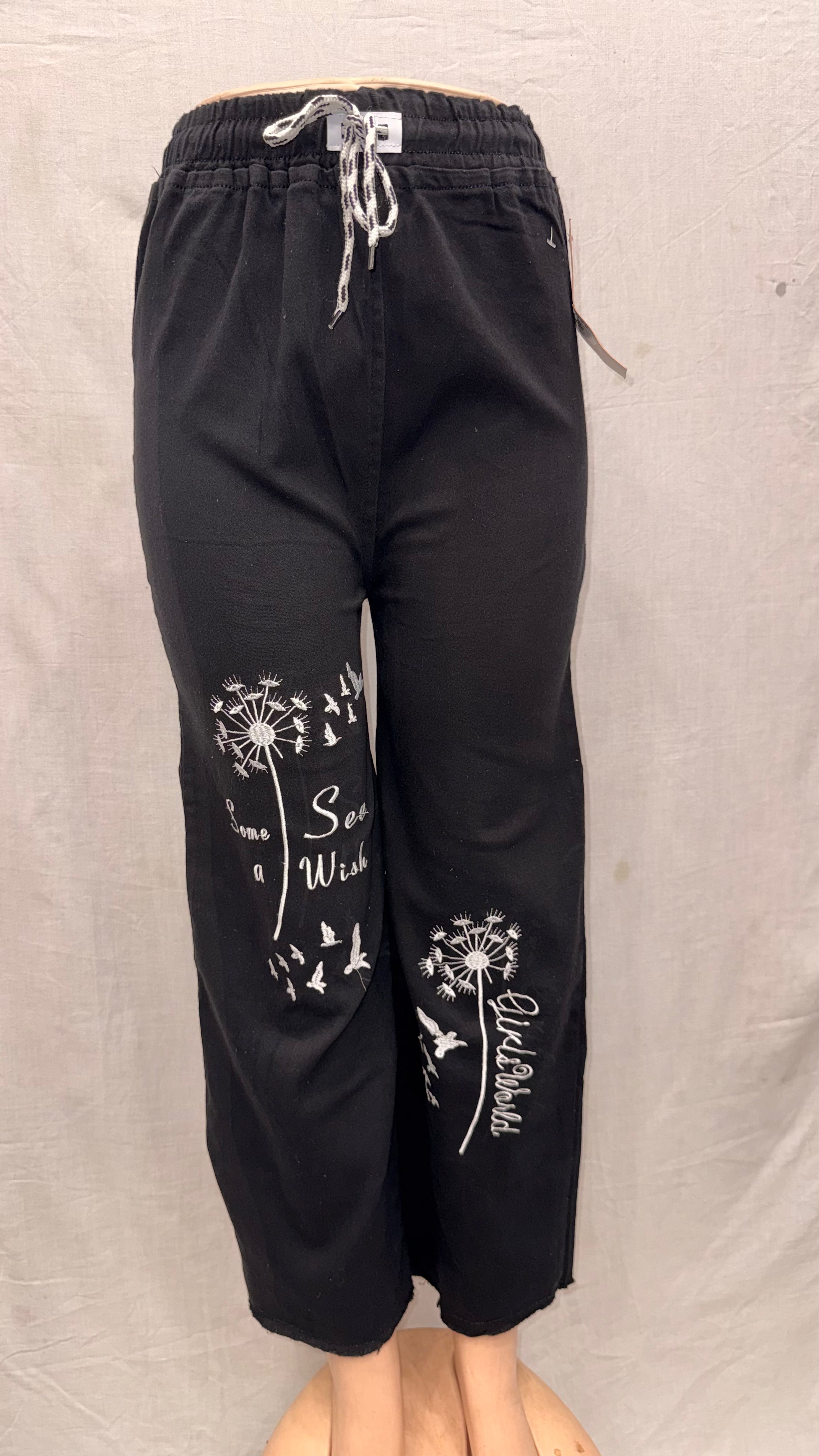 womens elegant black wide leg pants white floral pattern