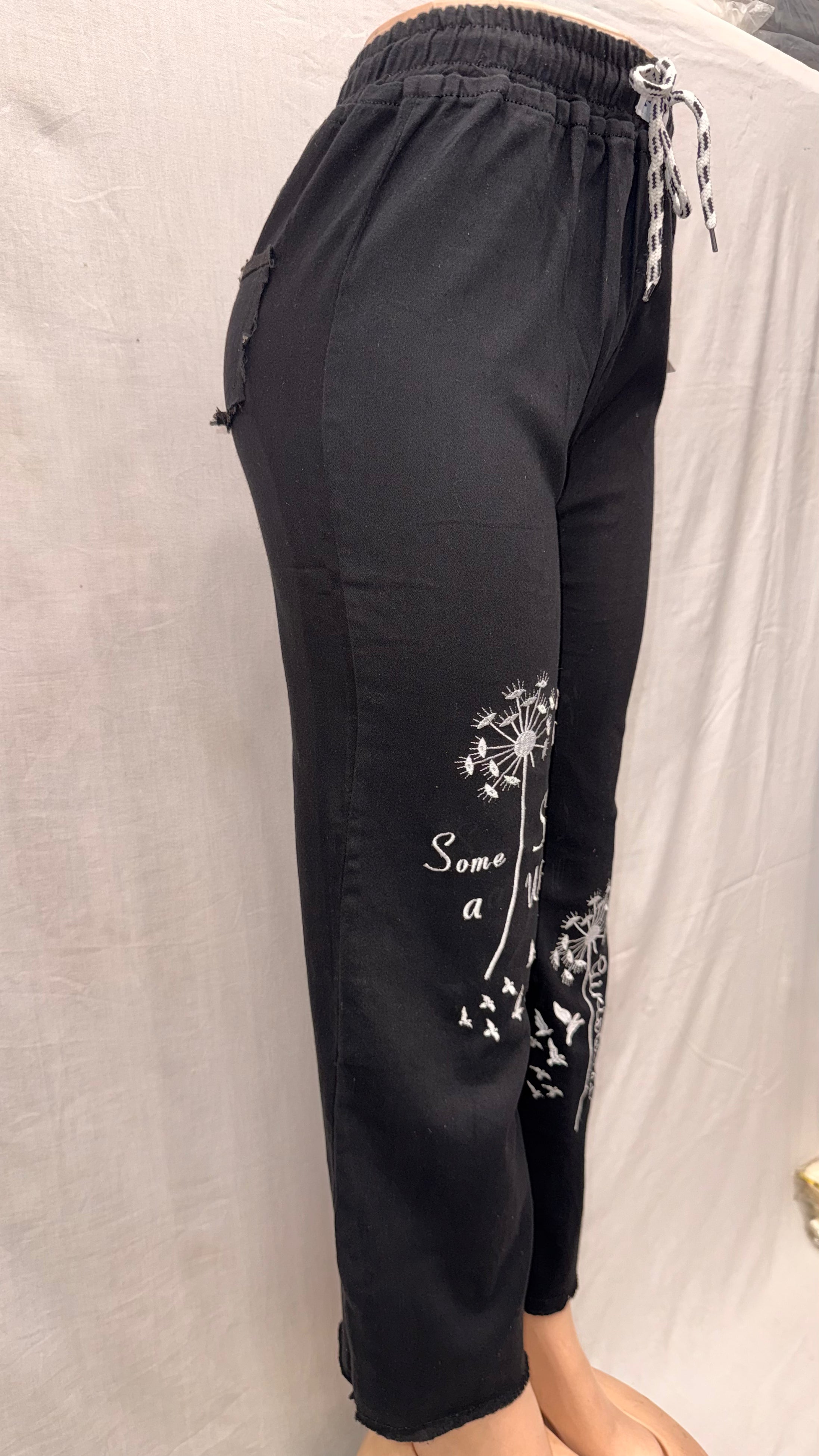 womens elegant black wide leg pants white floral pattern