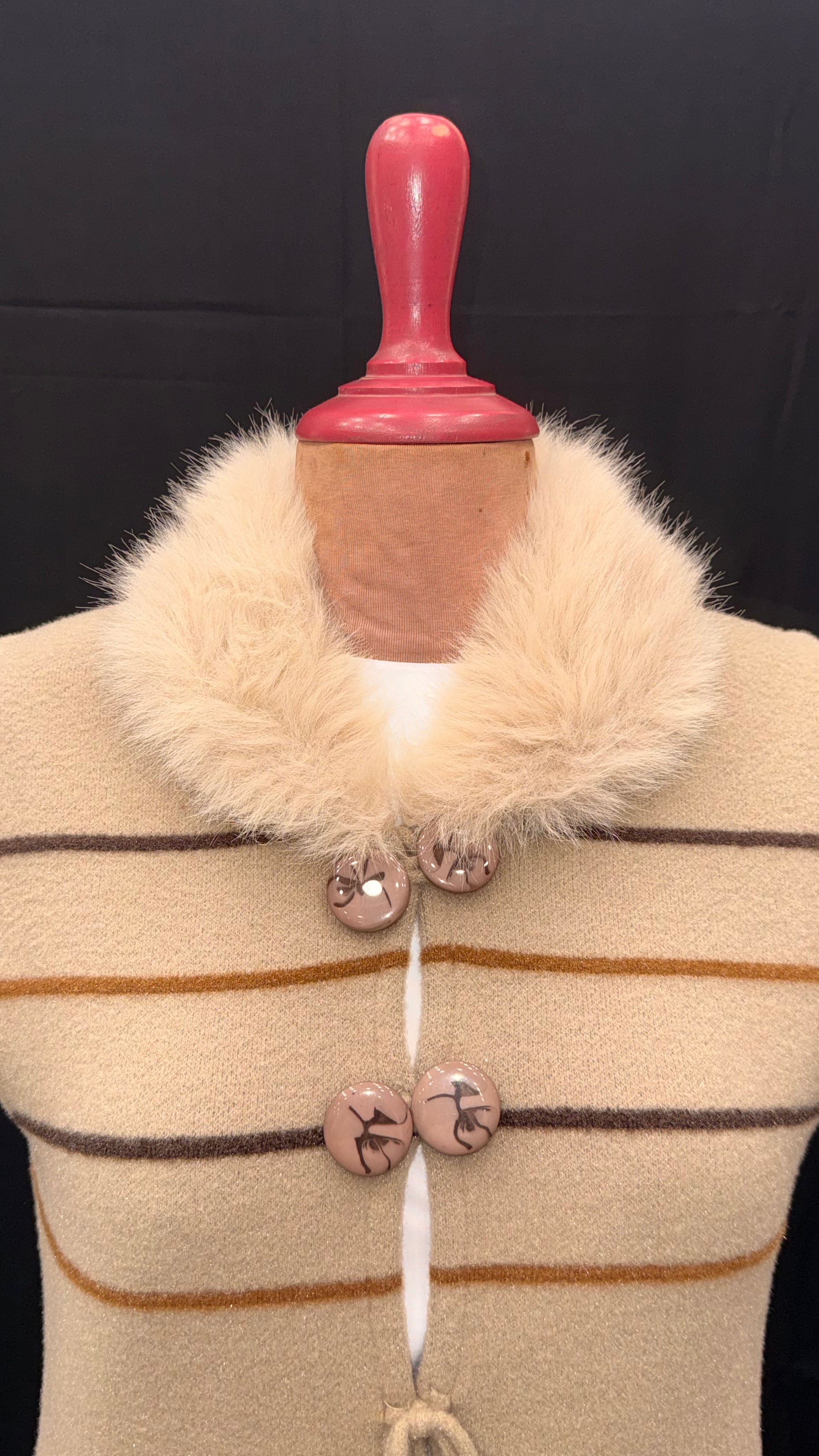 Camel Faux-Fur Collar Knit Vest with Tie and Striped Pockets