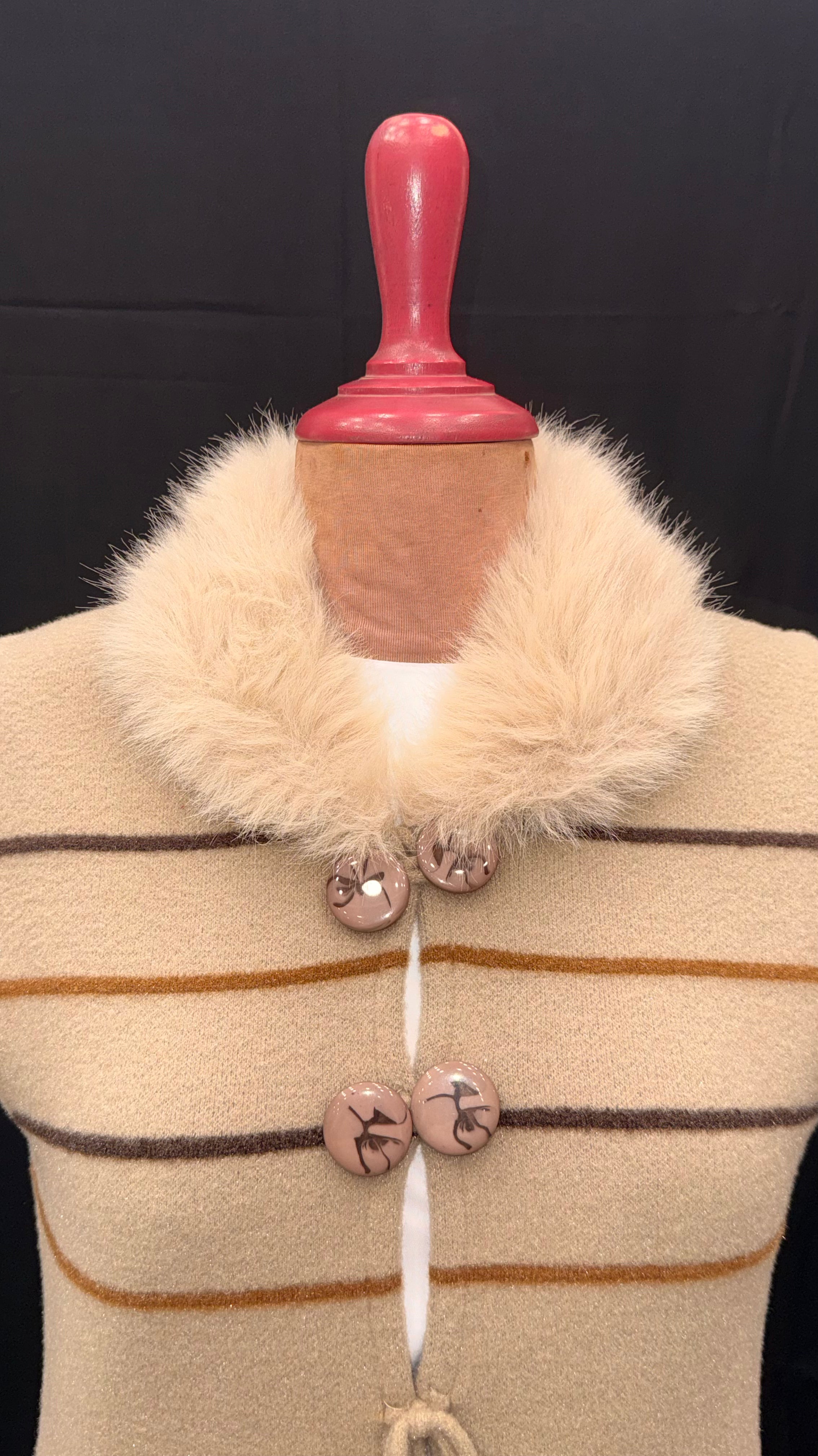 Camel Faux-Fur Collar Knit Vest with Tie and Striped Pockets