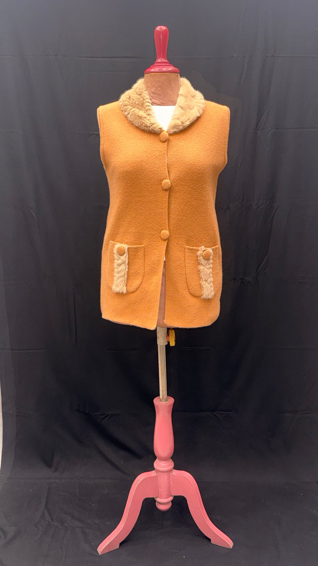 Camel Wool-Blend Sleeveless Vest with Faux-Fur Collar & Pocket Trim