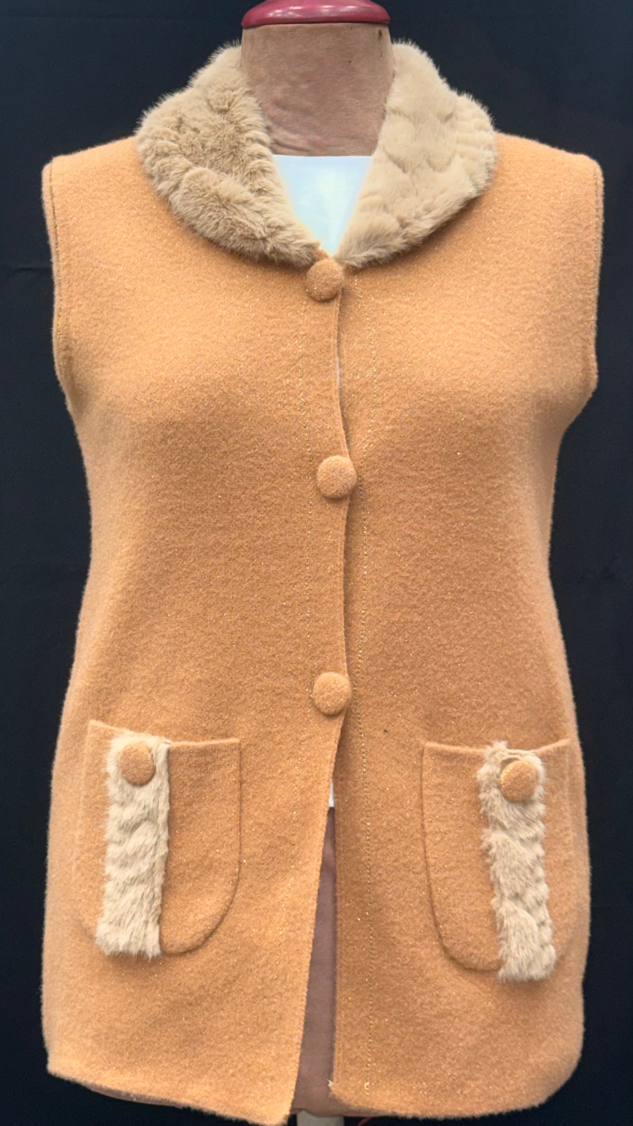 Camel Wool-Blend Sleeveless Vest with Faux-Fur Collar & Pocket Trim