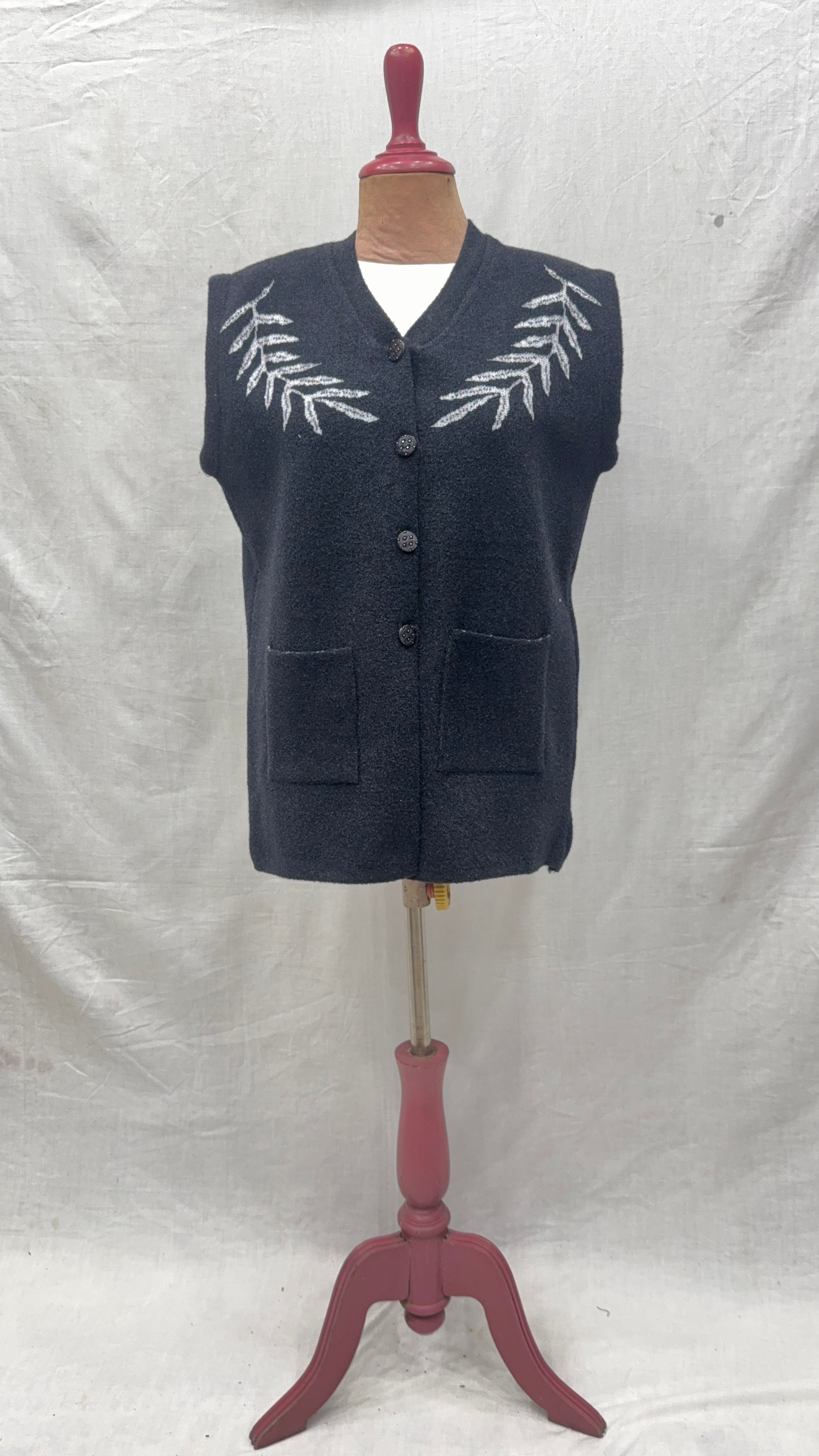 Elegant Black Woolen Sleeveless Cardigan with White Leaf Embroidery