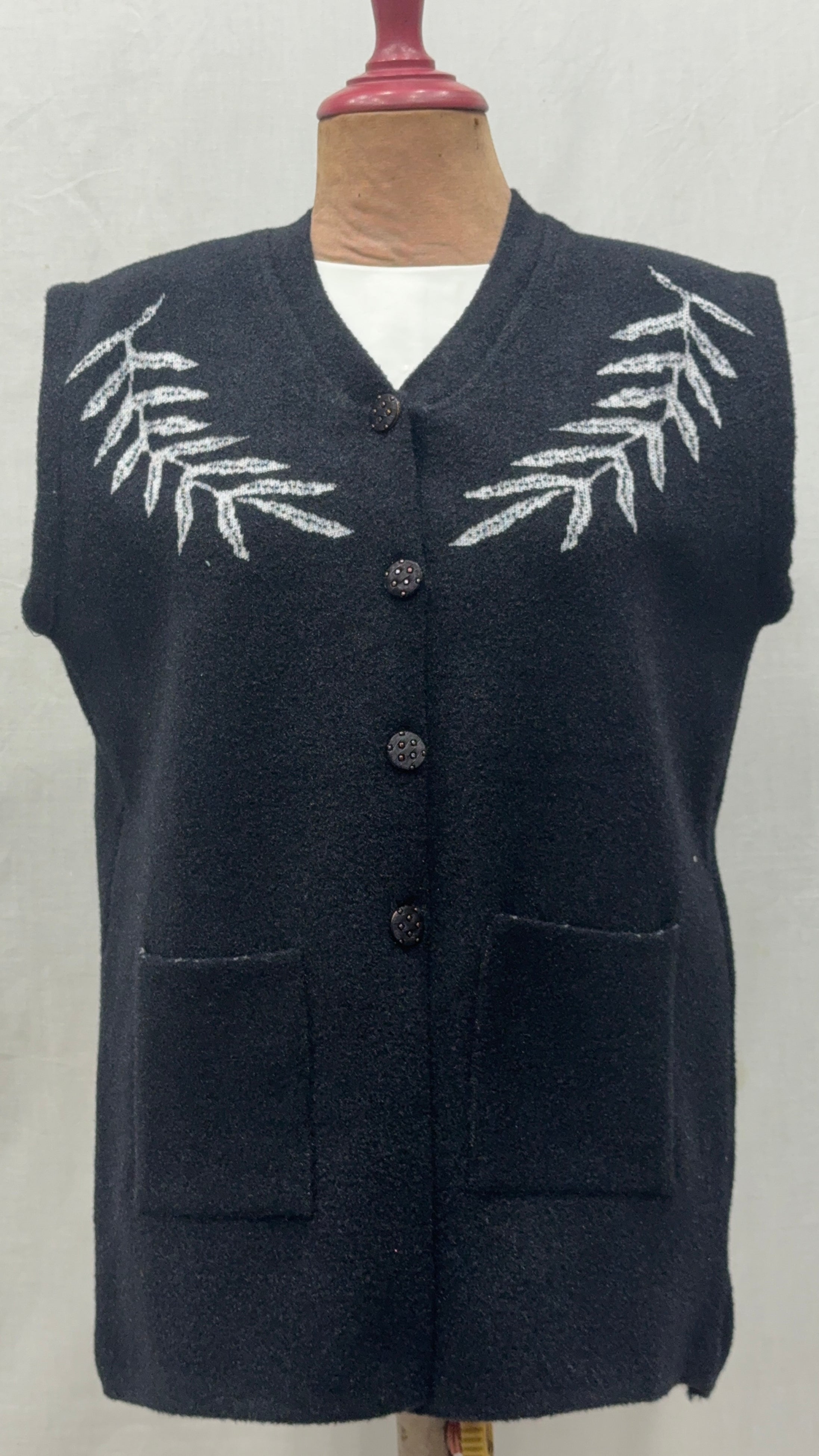 Elegant Black Woolen Sleeveless Cardigan with White Leaf Embroidery