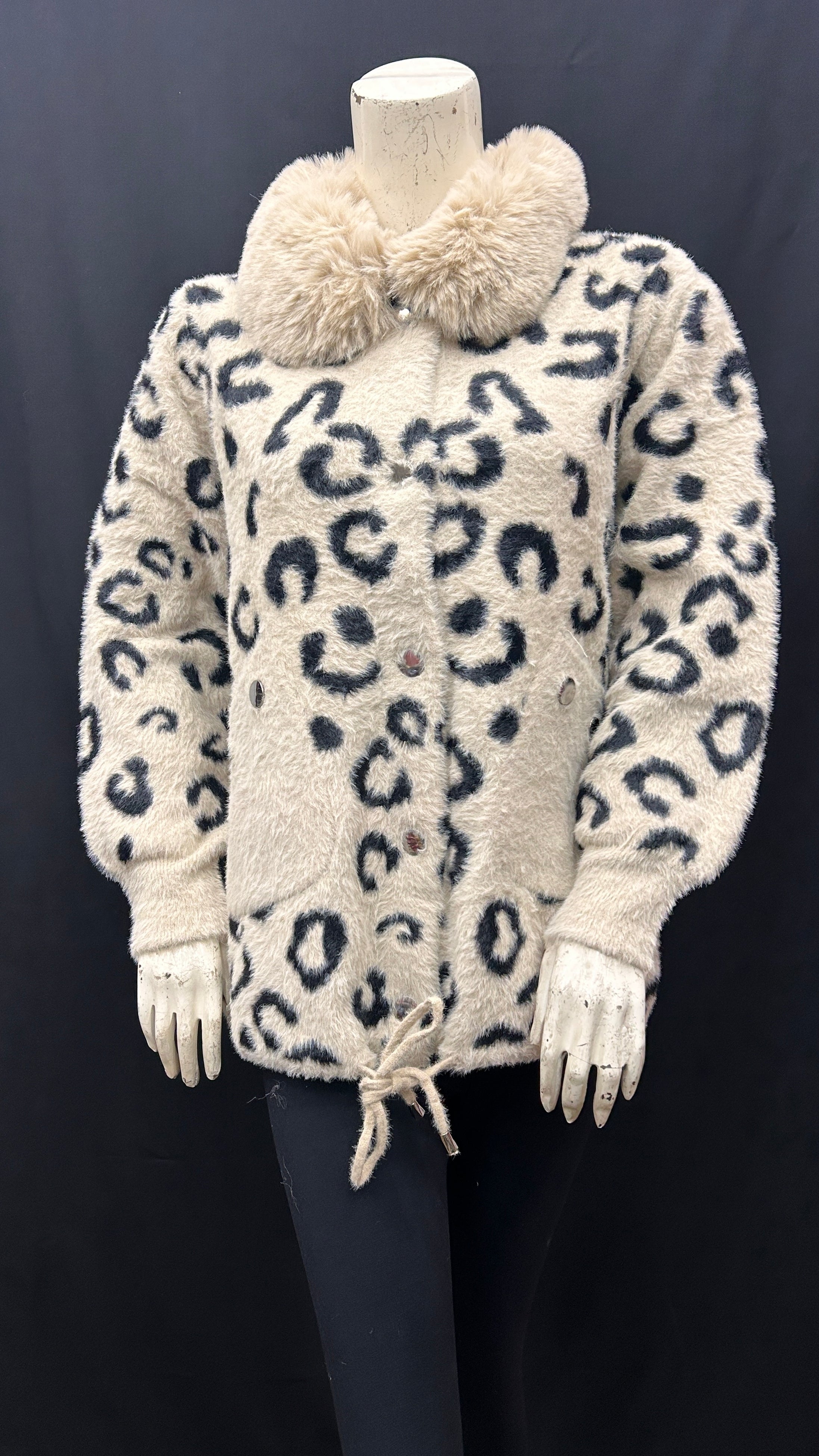 Women's Plush Leopard-Print Faux Fur jacket with Drawstring & Fur Collar