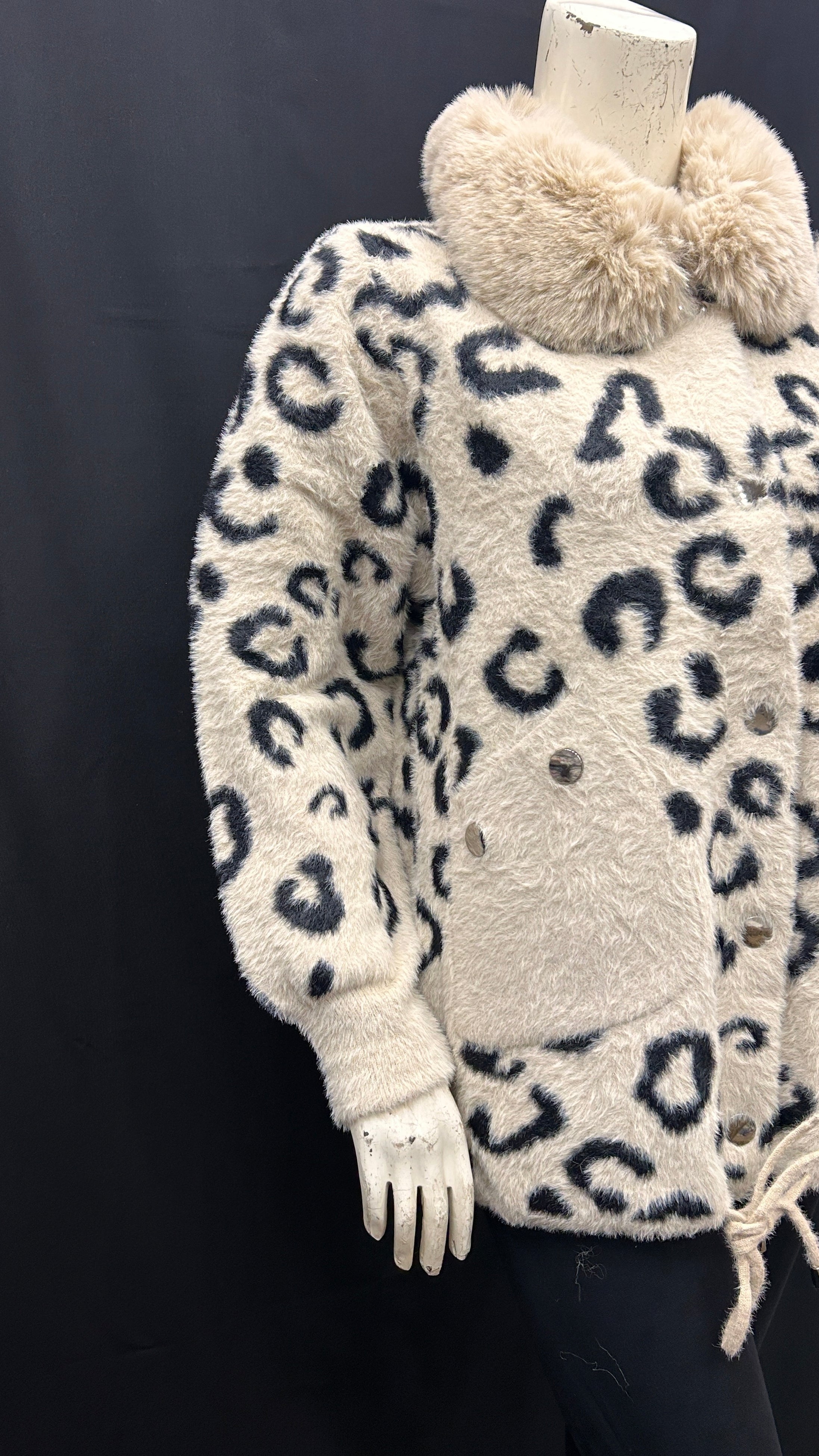 Women's Plush Leopard-Print Faux Fur jacket with Drawstring & Fur Collar