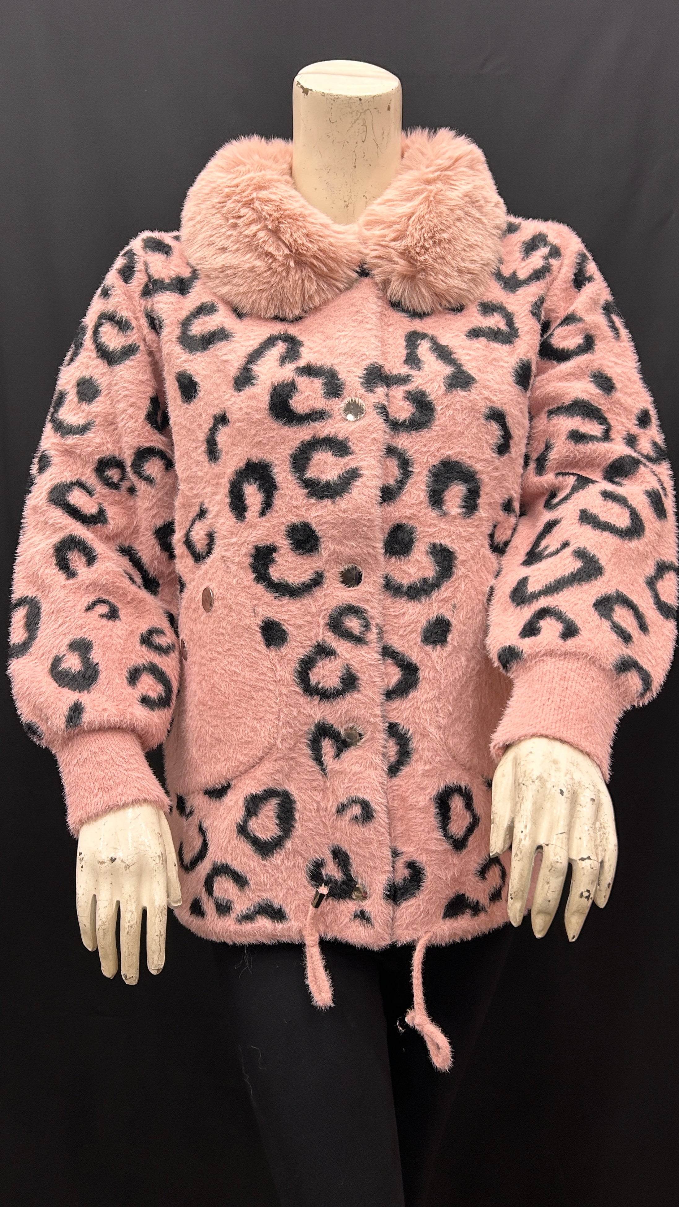 Women's Plush Leopard-Print Faux Fur jacket with Drawstring & Fur Collar