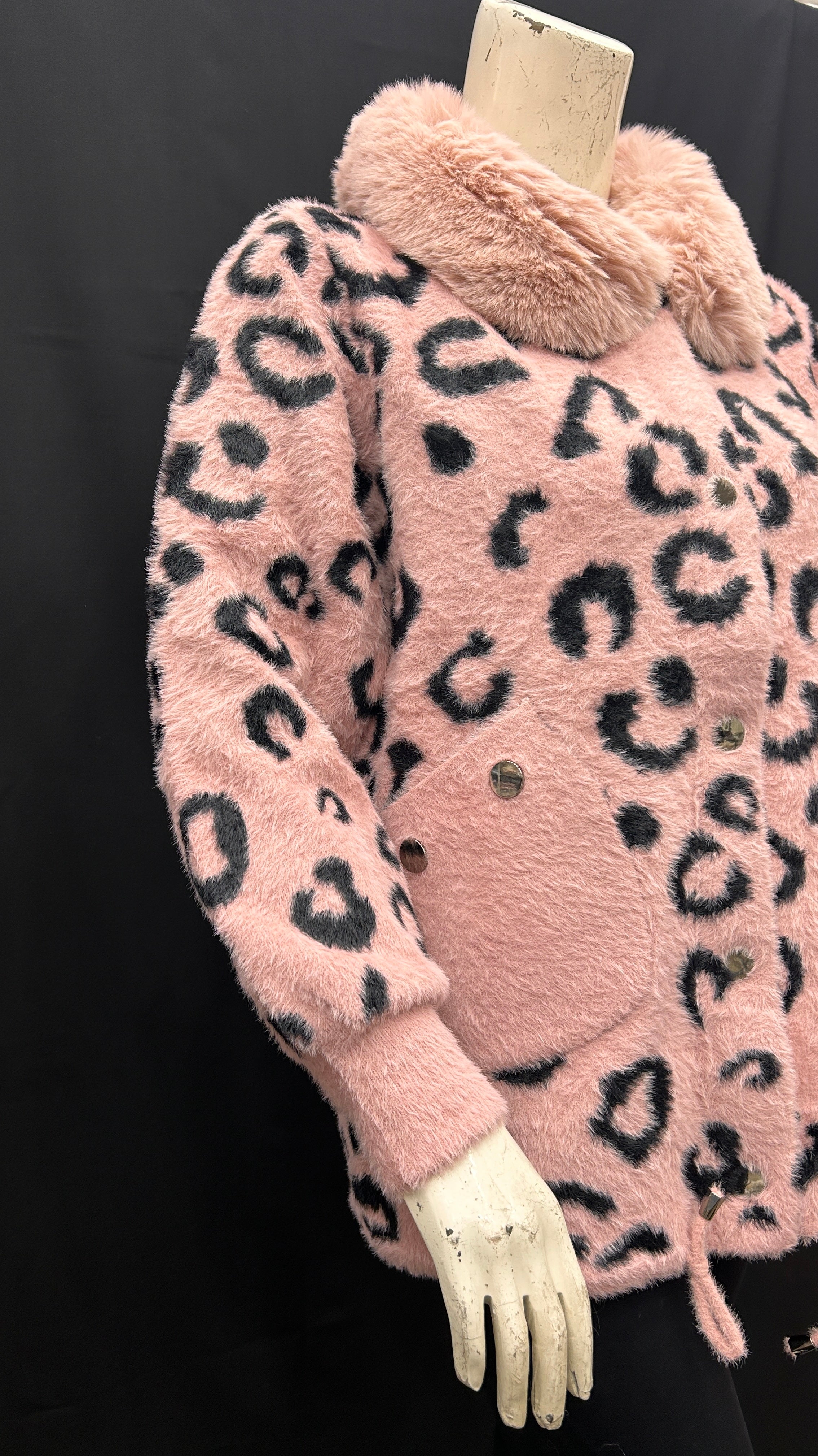 Women's Plush Leopard-Print Faux Fur jacket with Drawstring & Fur Collar