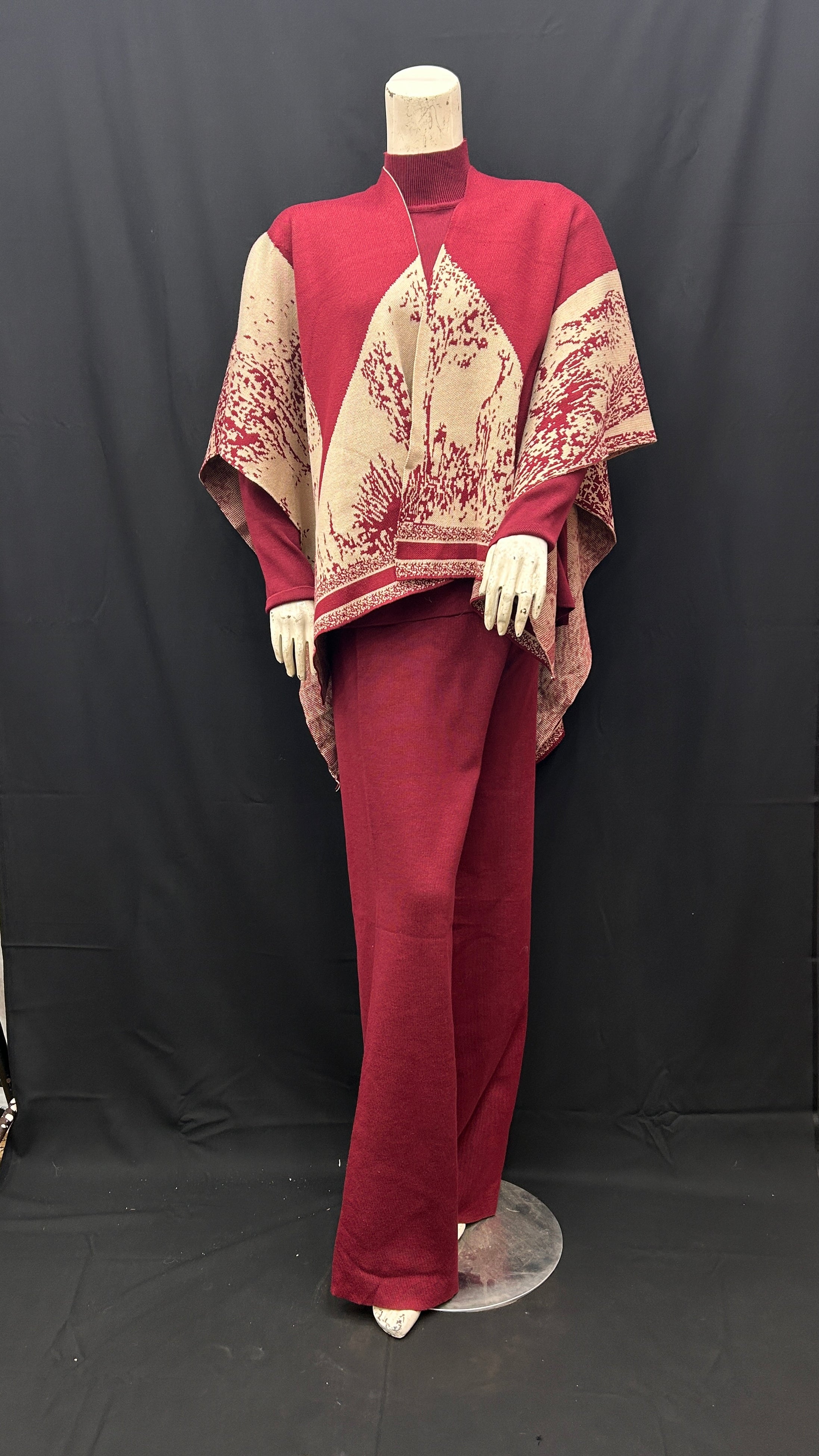 Elegant Burgundy Jacquard Knit Poncho Set with Wide-Leg Pants