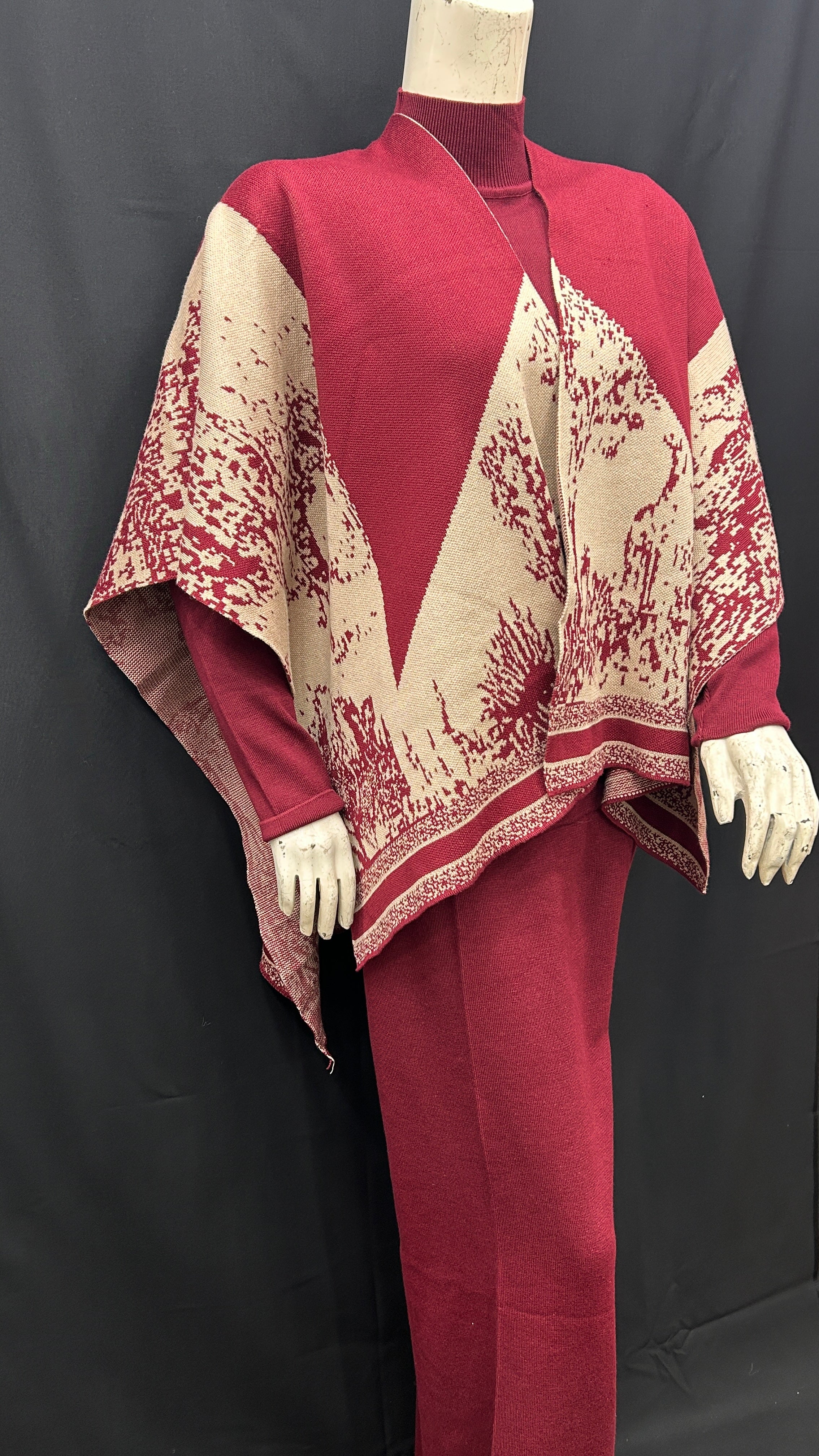 Elegant Burgundy Jacquard Knit Poncho Set with Wide-Leg Pants