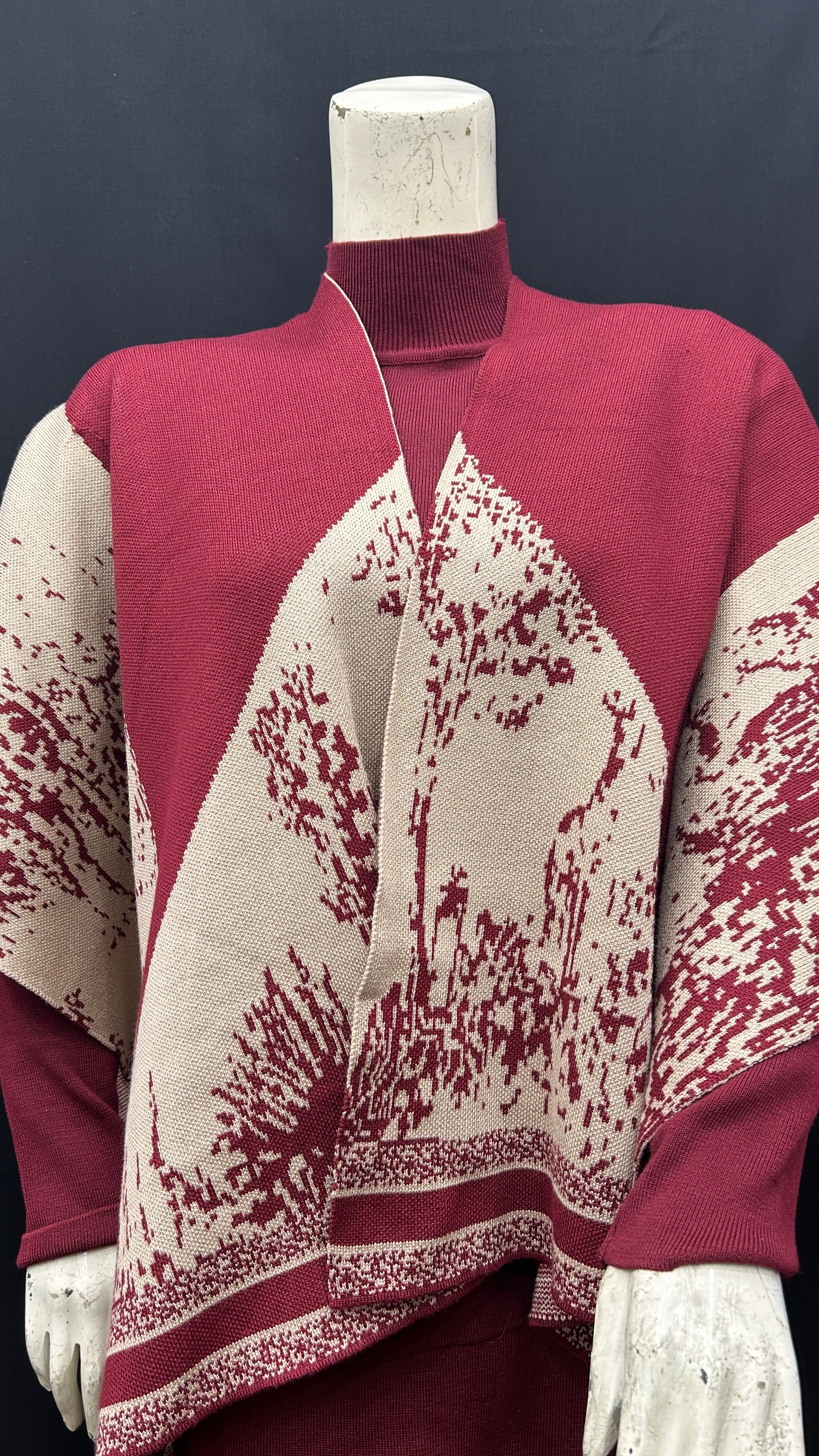 Elegant Burgundy Jacquard Knit Poncho Set with Wide-Leg Pants