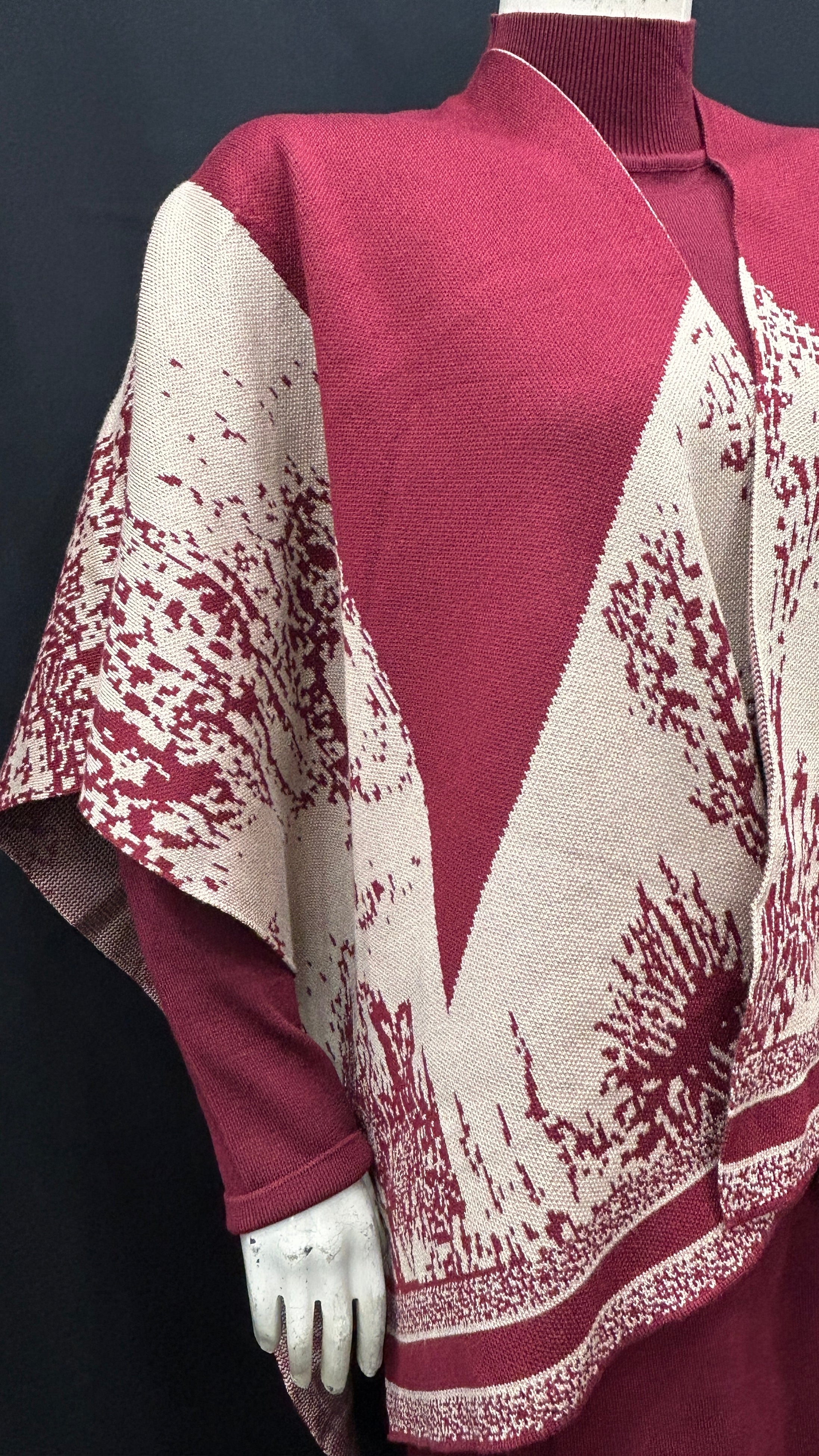 Elegant Burgundy Jacquard Knit Poncho Set with Wide-Leg Pants