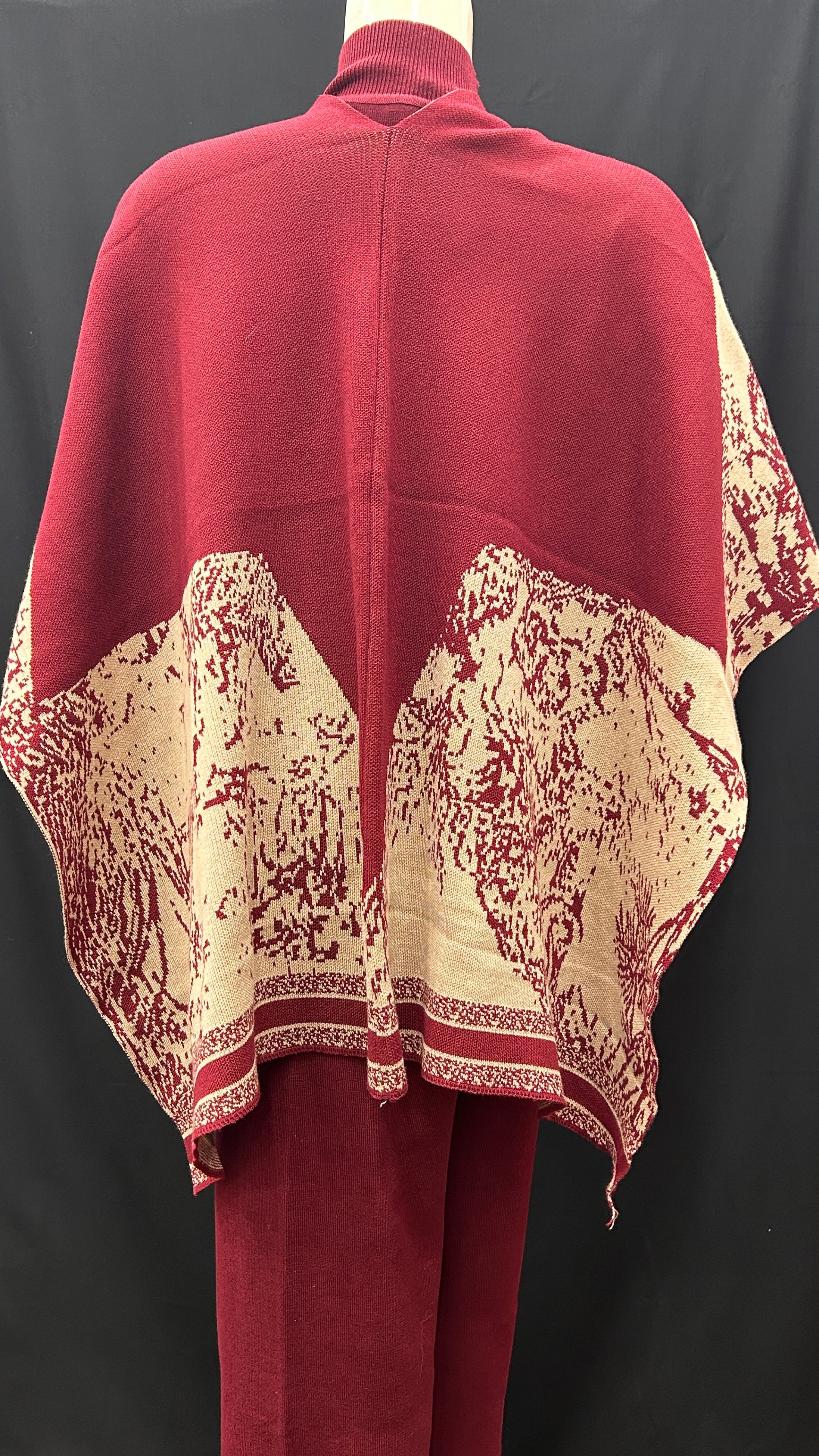 Elegant Burgundy Jacquard Knit Poncho Set with Wide-Leg Pants