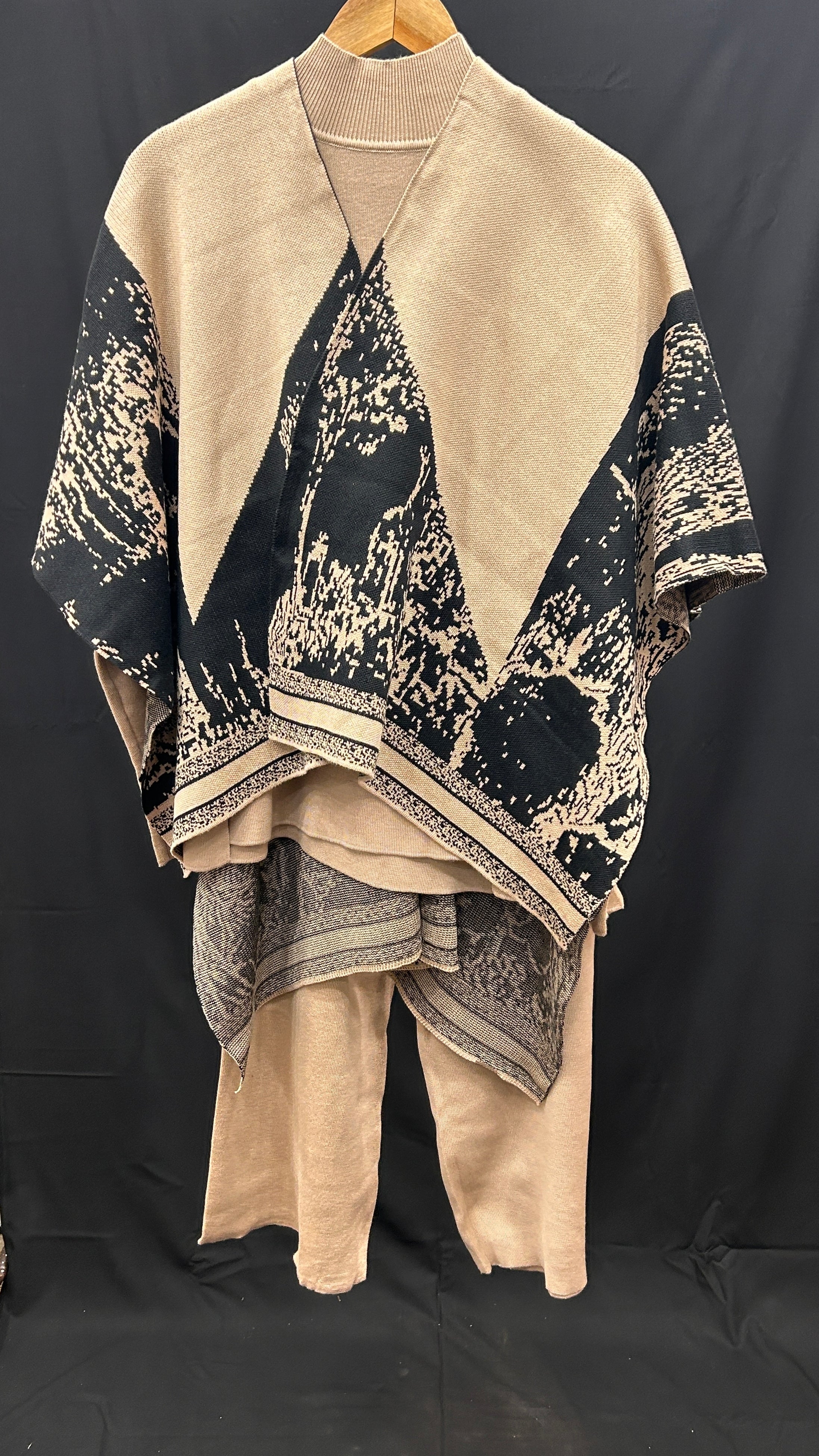 Luxe Burgundy Jacquard Knit Poncho & Wide-Leg Pant Set