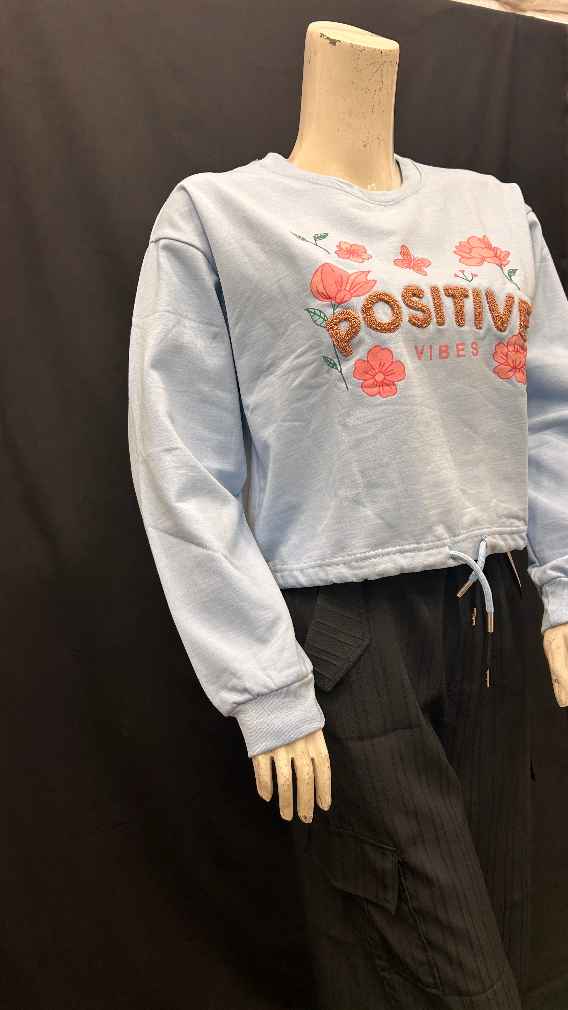 Positive Vibes Embroidered Sweatshirt with Floral Detail