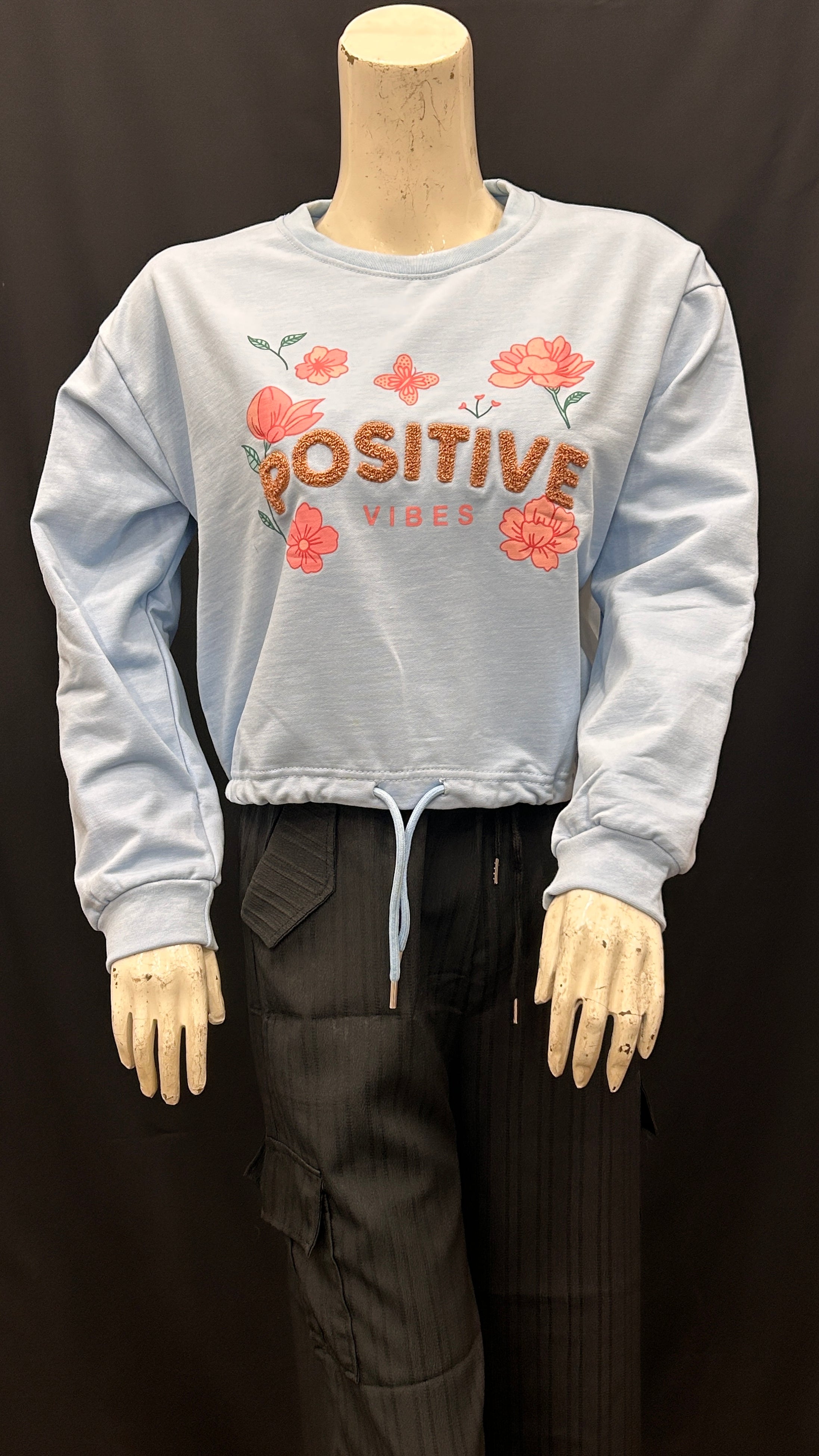 Positive Vibes Embroidered Sweatshirt with Floral Detail