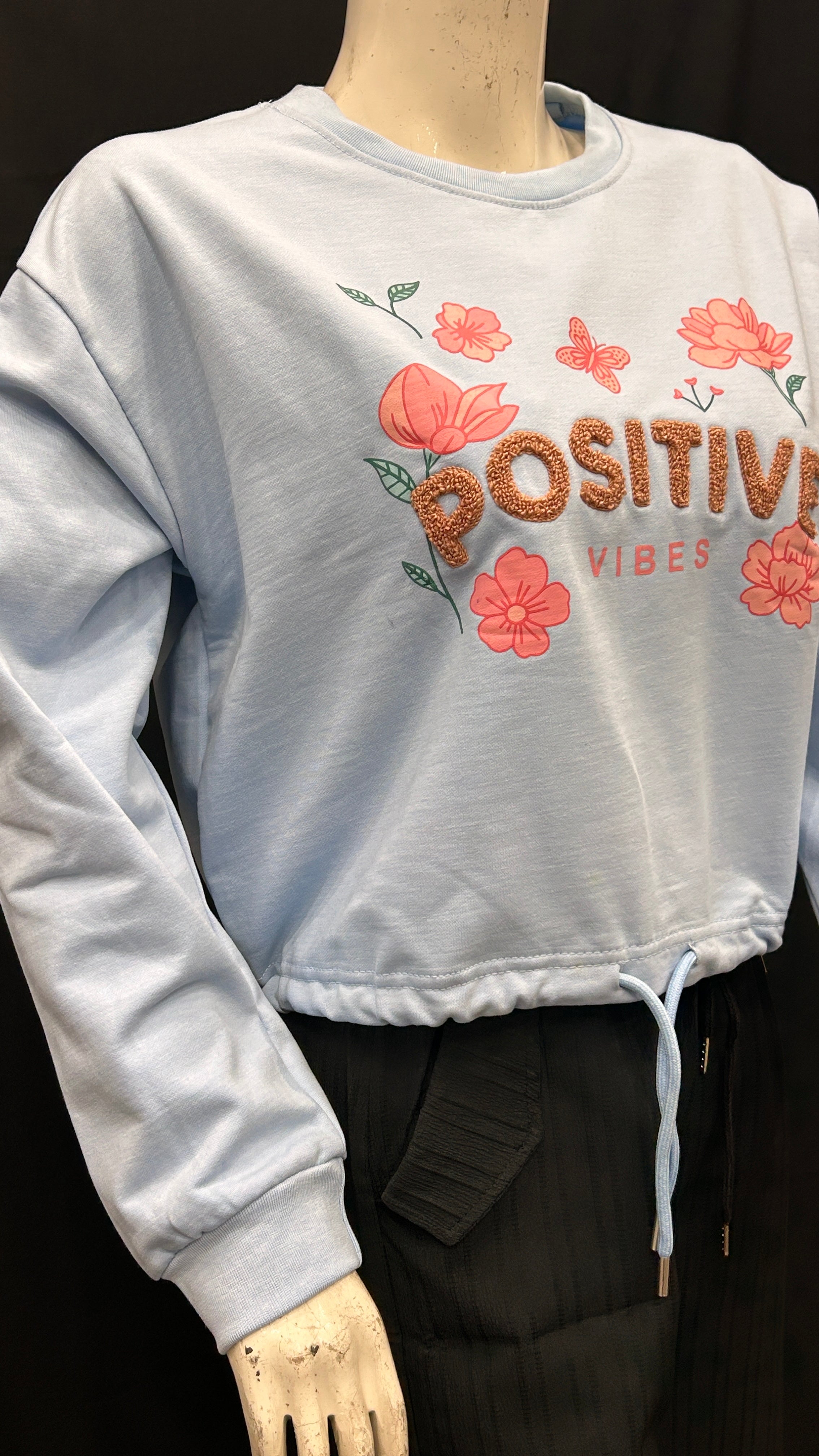 Positive Vibes Embroidered Sweatshirt with Floral Detail