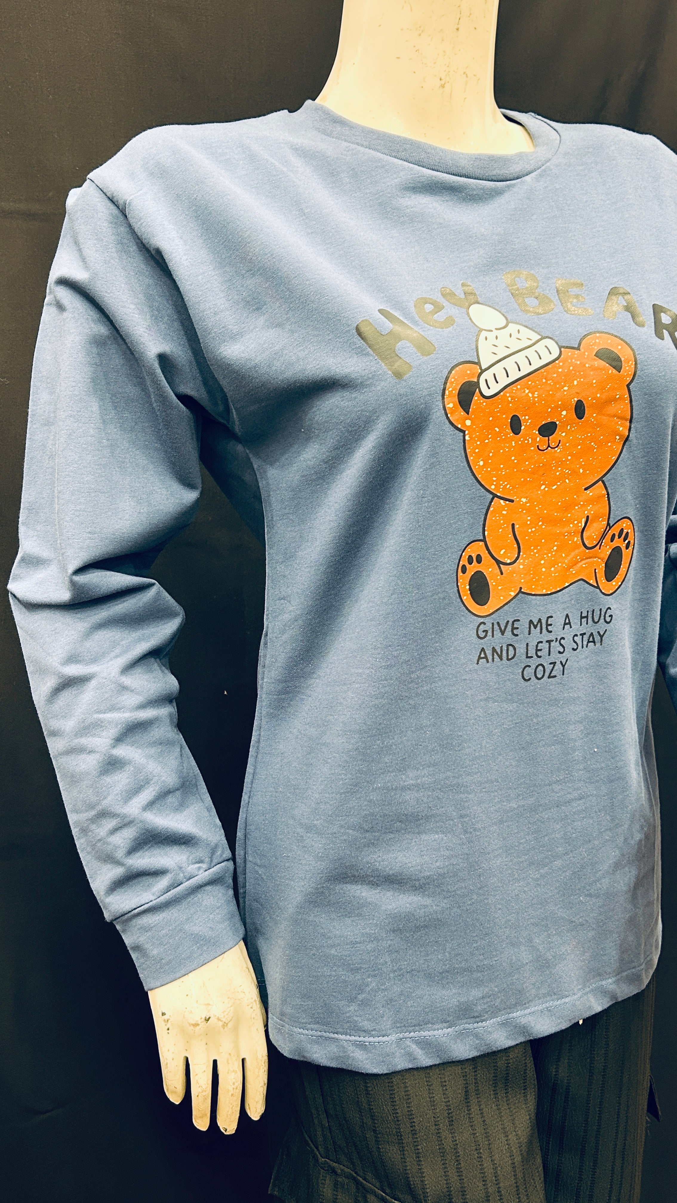 Give Me a Hug Bear Print Long Sleeve Top