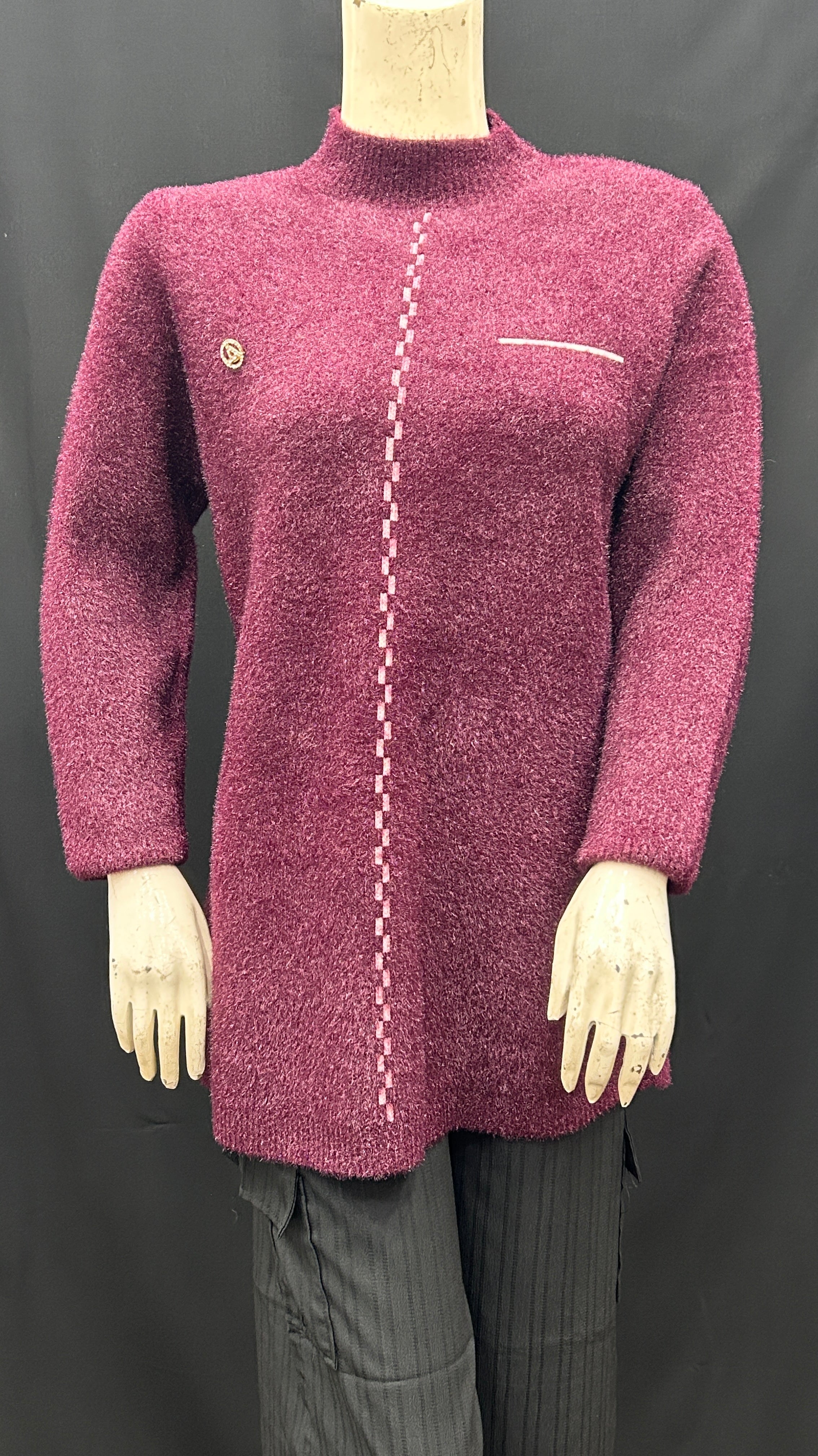 Chic Burgundy Knit Sweater with Embroidered Detailing