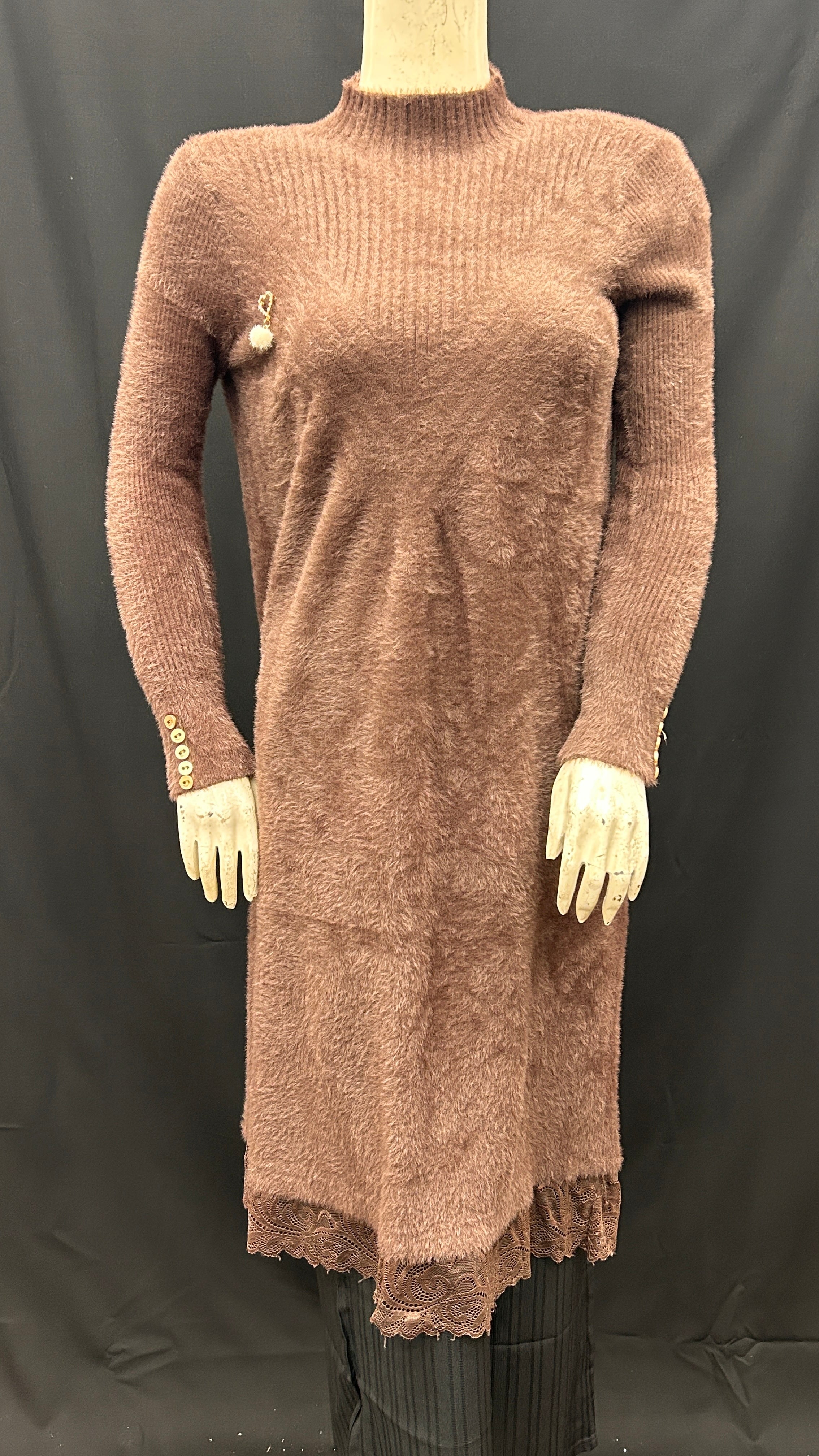 Soft Brown Knit Sweater Dress with Lace Trim and Button Details