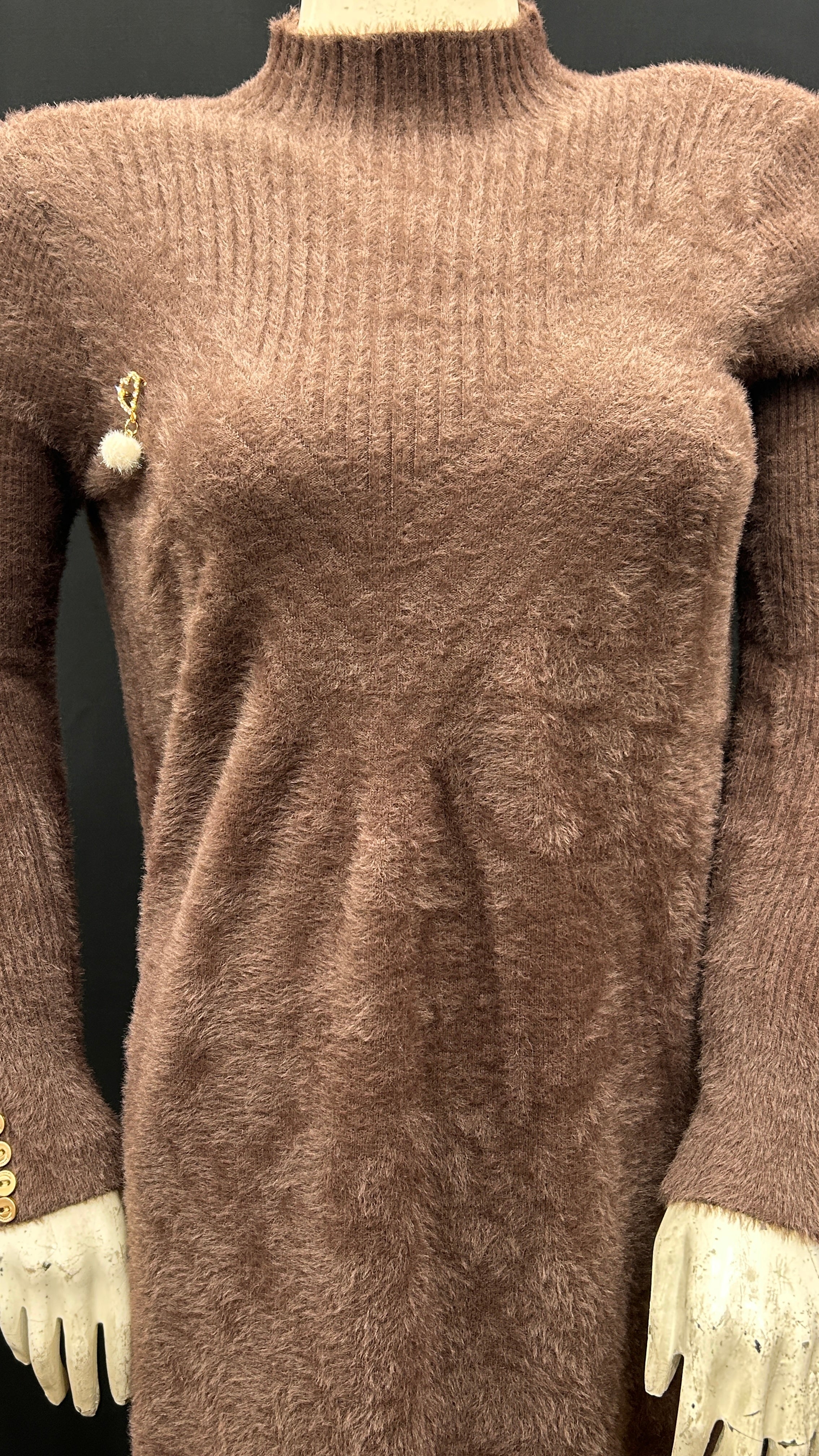 Soft Brown Knit Sweater Dress with Lace Trim and Button Details