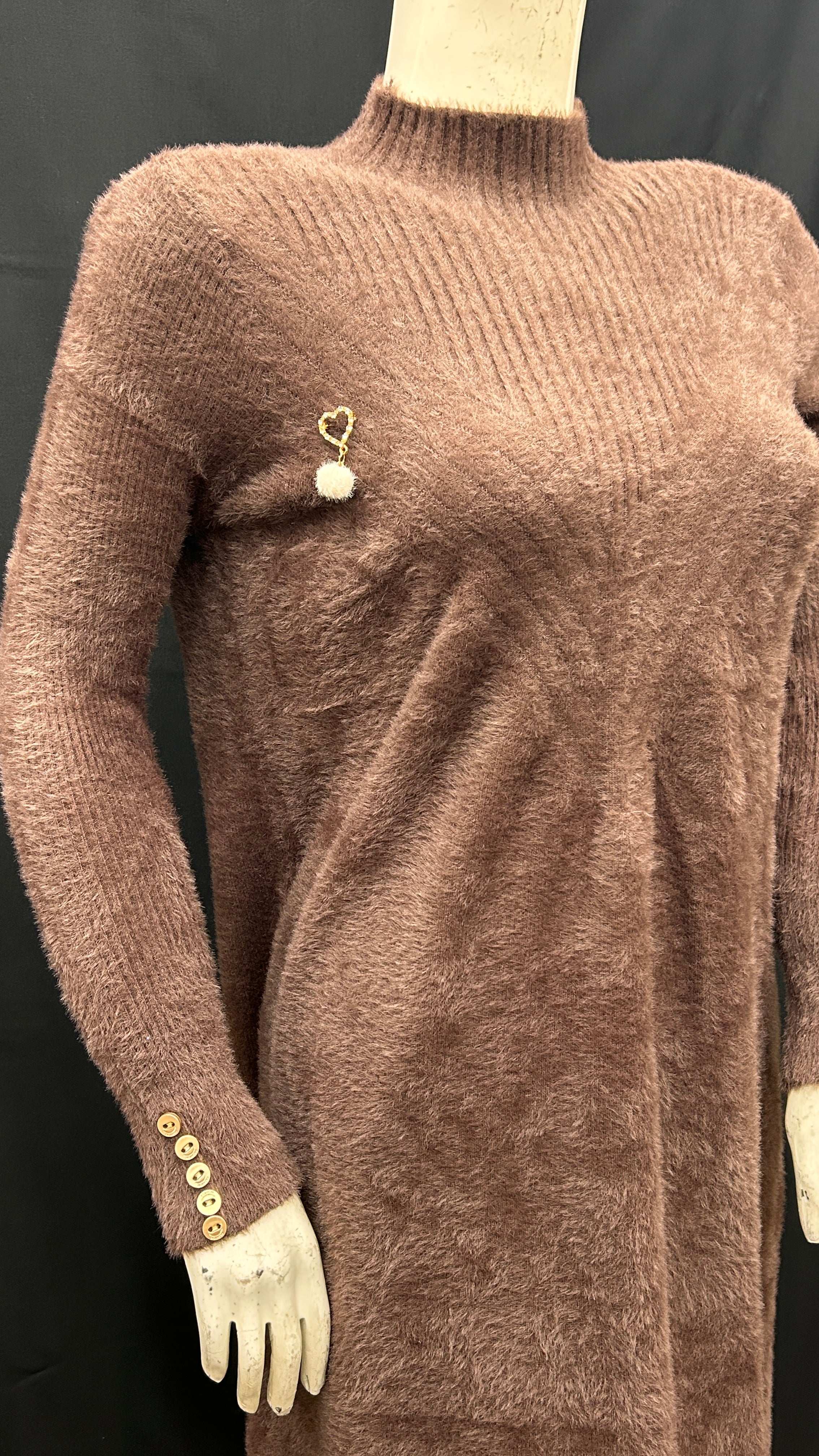 Soft Brown Knit Sweater Dress with Lace Trim and Button Details
