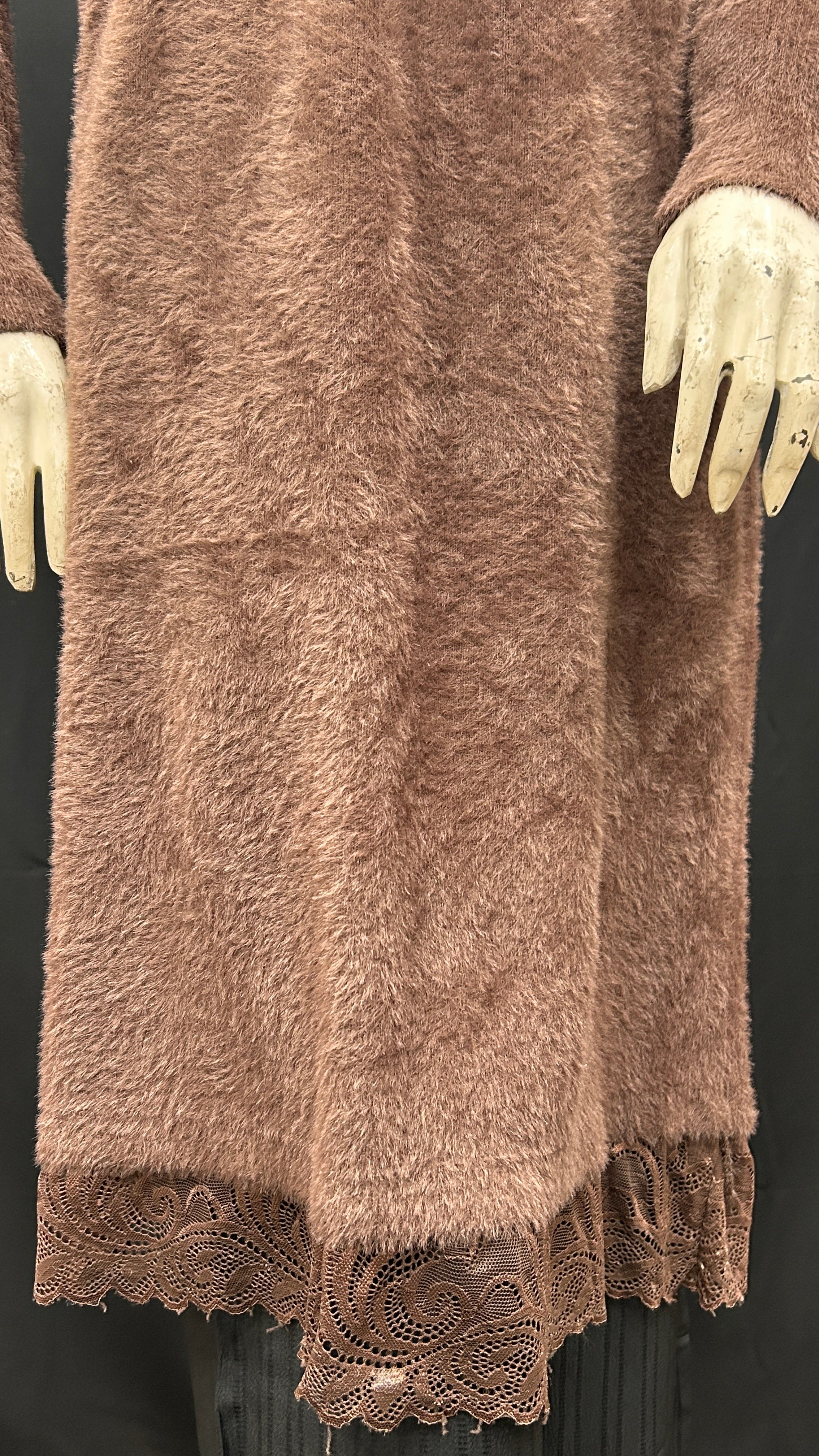 Soft Brown Knit Sweater Dress with Lace Trim and Button Details