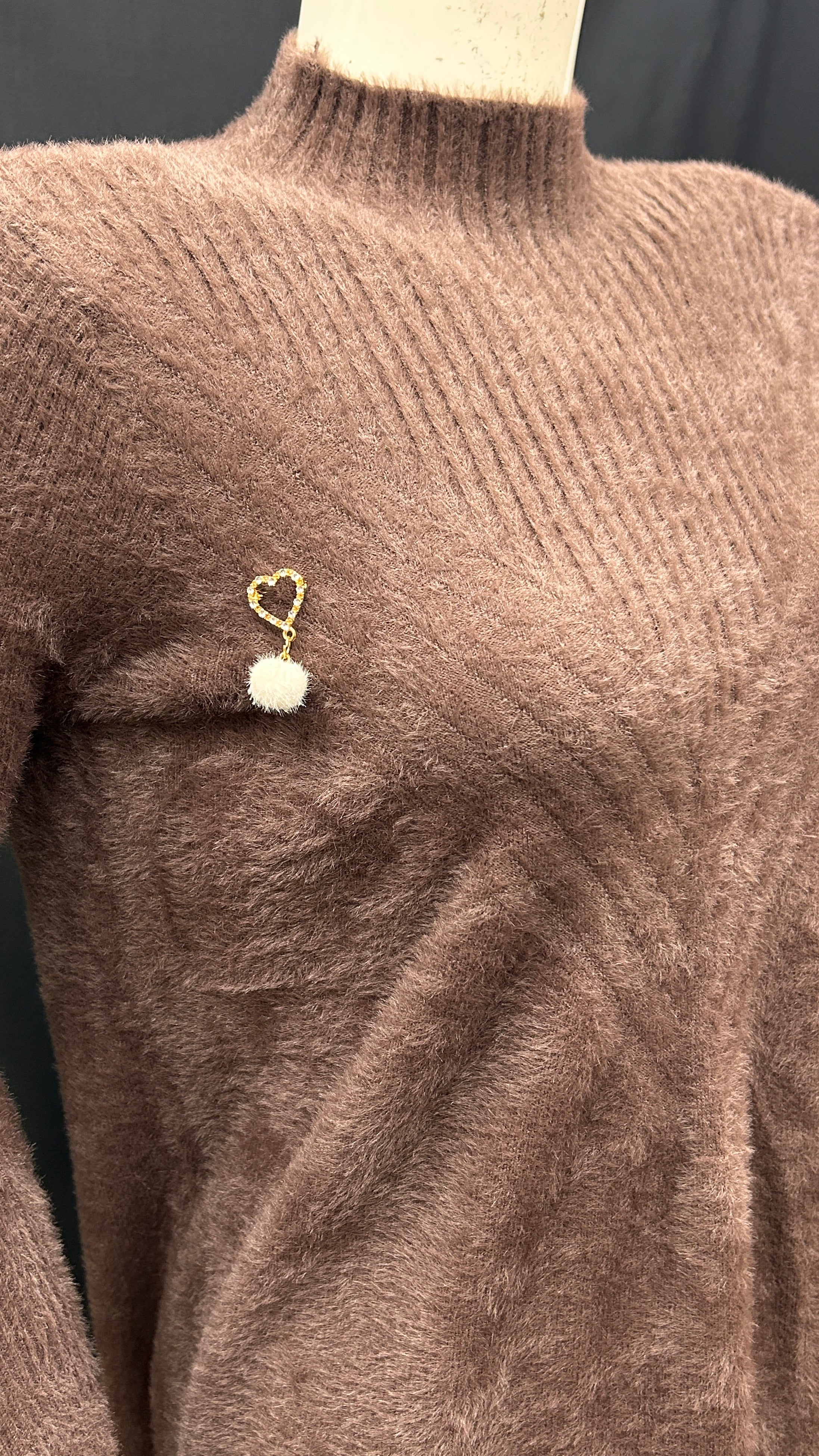 Soft Brown Knit Sweater Dress with Lace Trim and Button Details