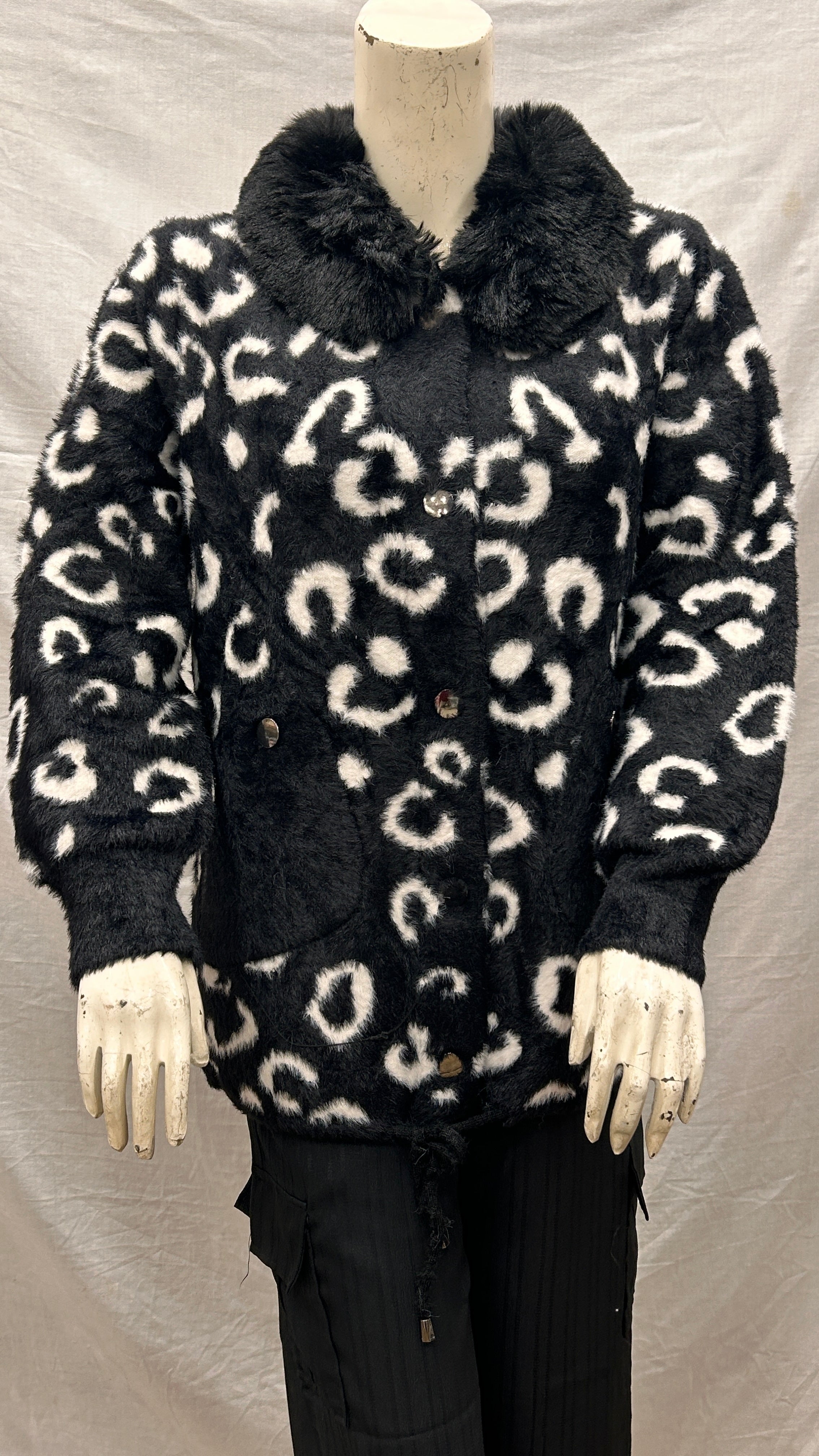 Women's black with white texture Plush Leopard-Print Faux Fur jacket with Drawstring & Fur Collar