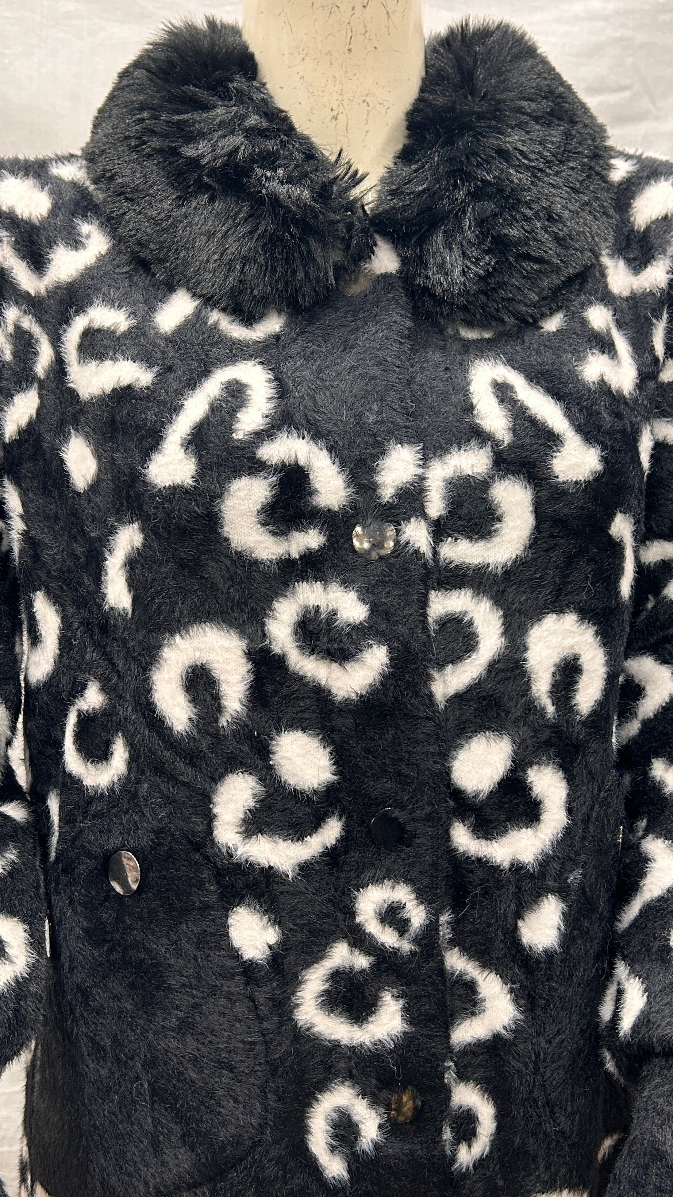 Women's black with white texture Plush Leopard-Print Faux Fur jacket with Drawstring & Fur Collar