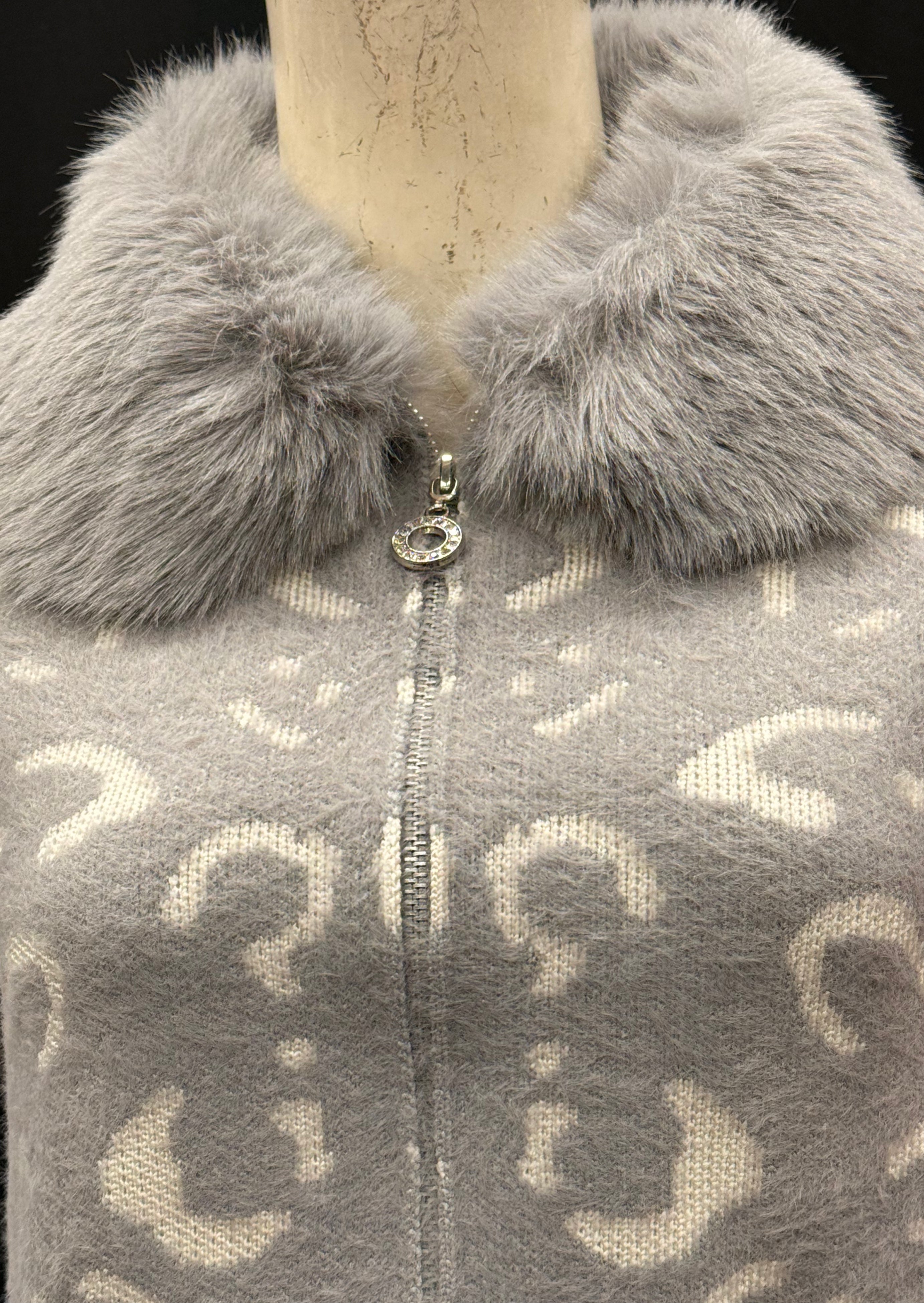 light grey Cardigan with a cream pattern and a grey fur collar