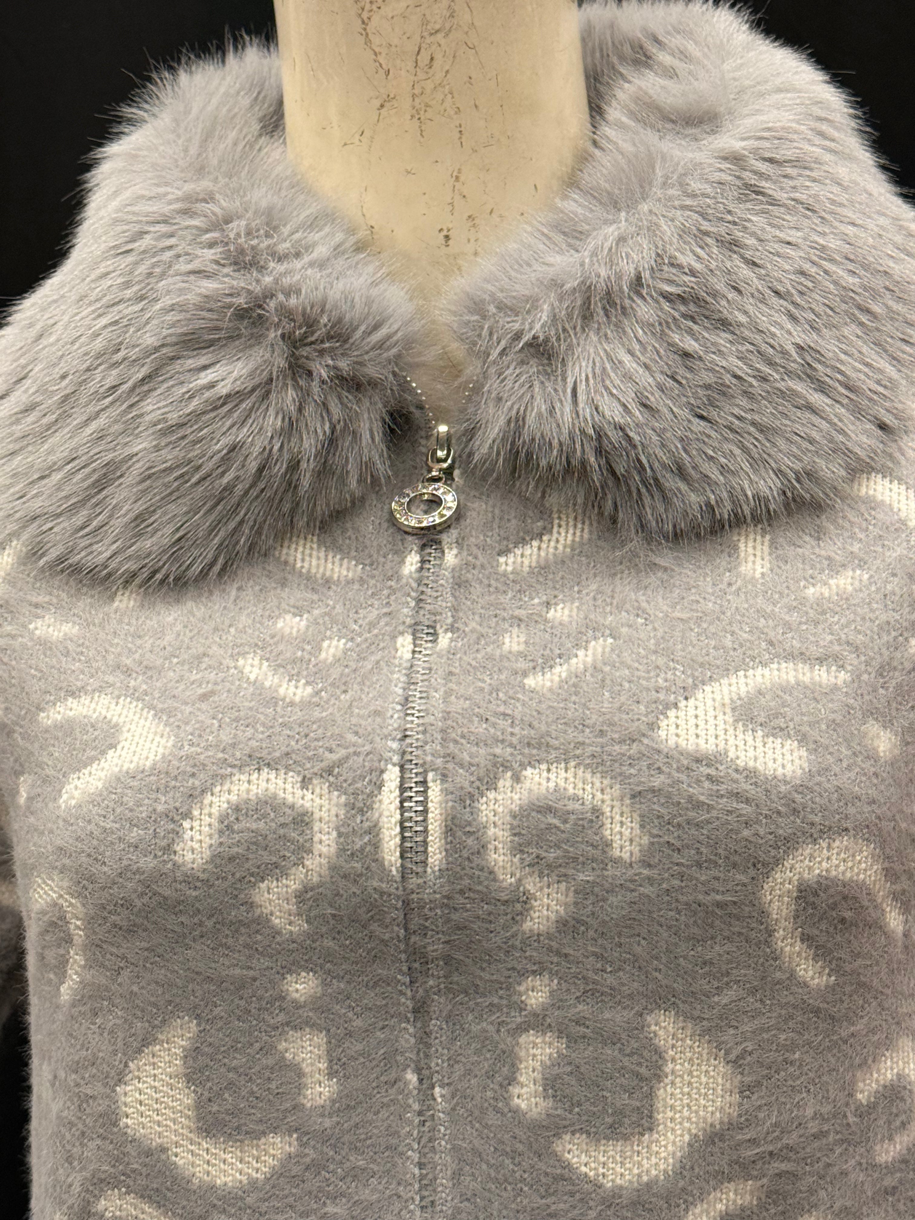 light grey Cardigan with a cream pattern and a grey fur collar