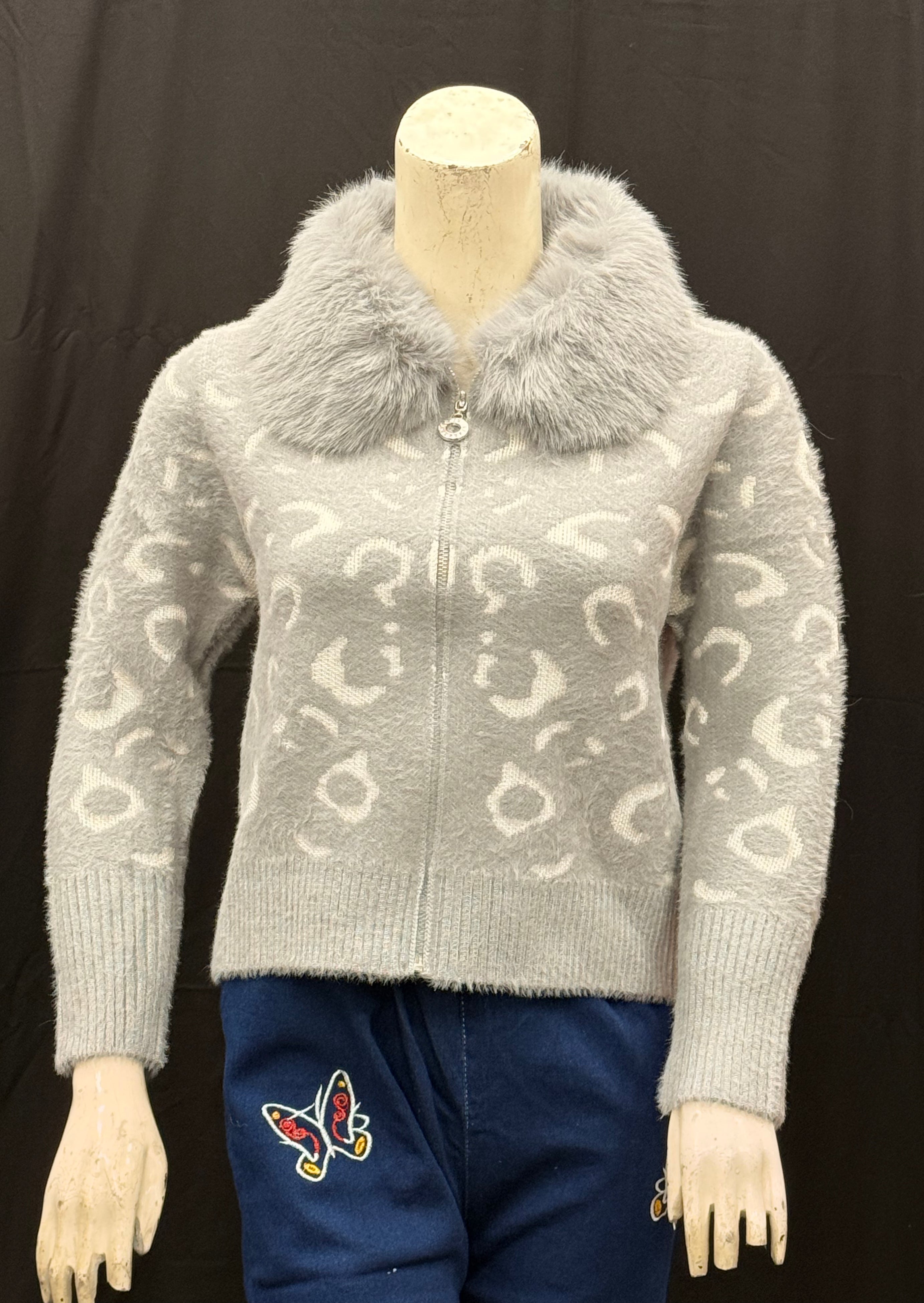 light grey Cardigan with a cream pattern and a grey fur collar