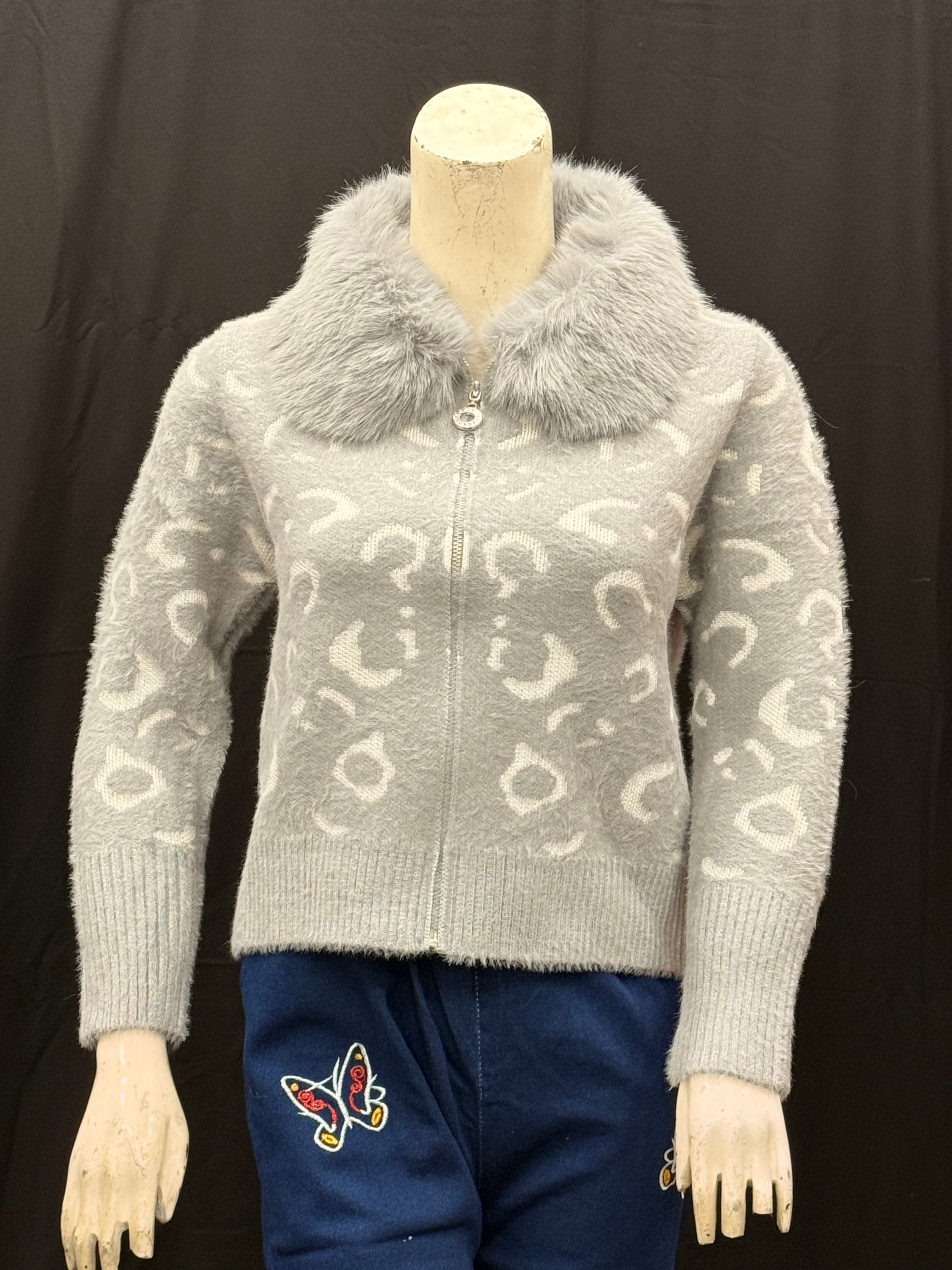 light grey Cardigan with a cream pattern and a grey fur collar