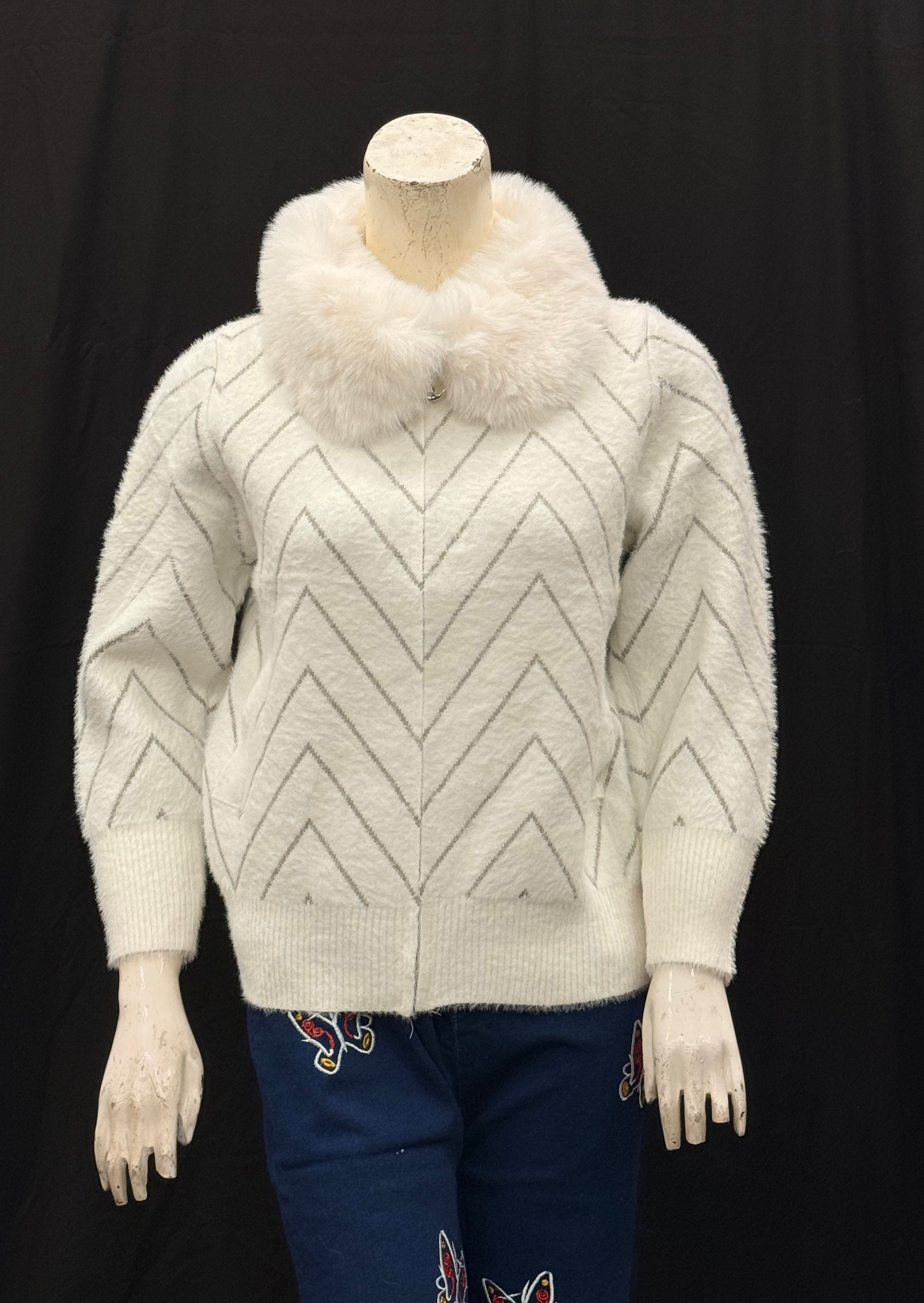 Cream Chevron Knit Cardigan with Faux Fur Collar