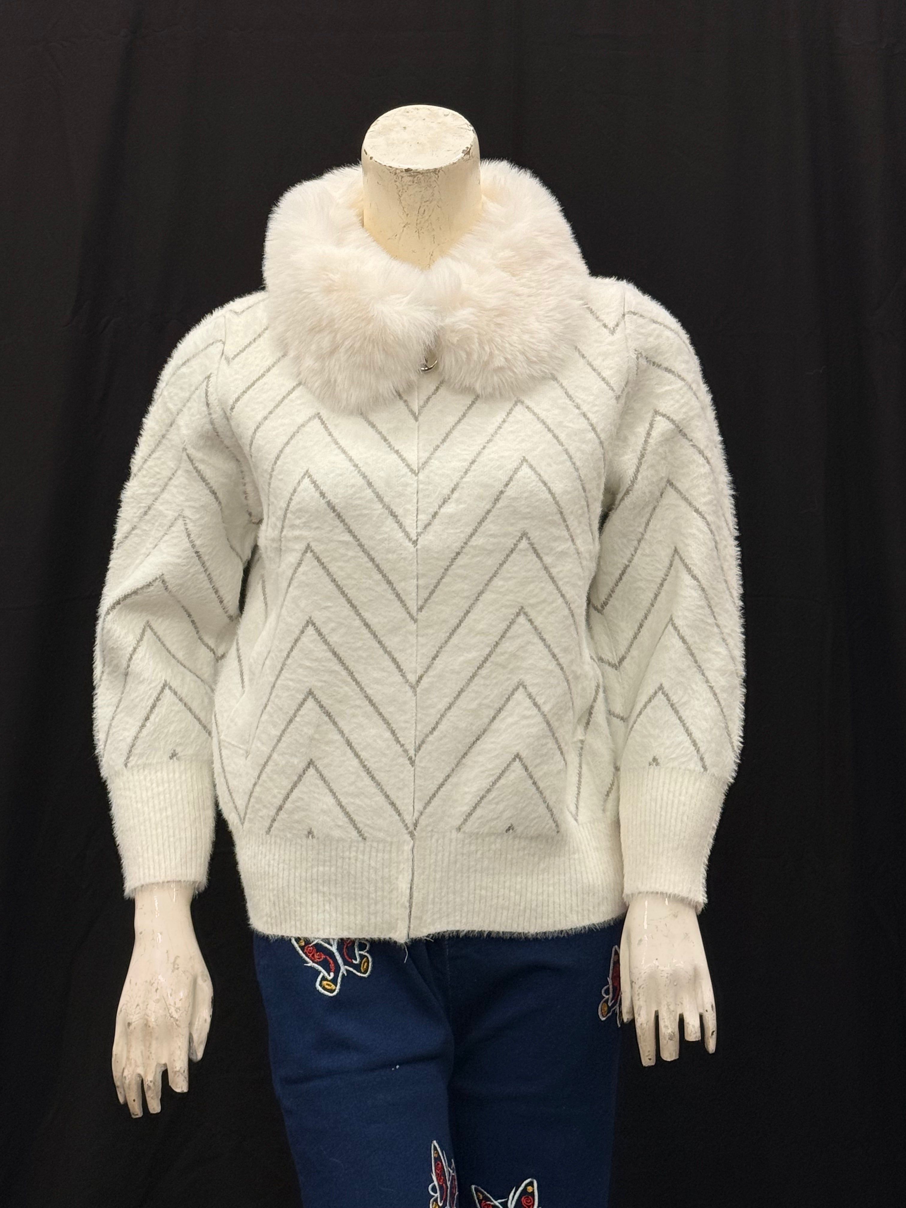 Cream Chevron Knit Cardigan with Faux Fur Collar