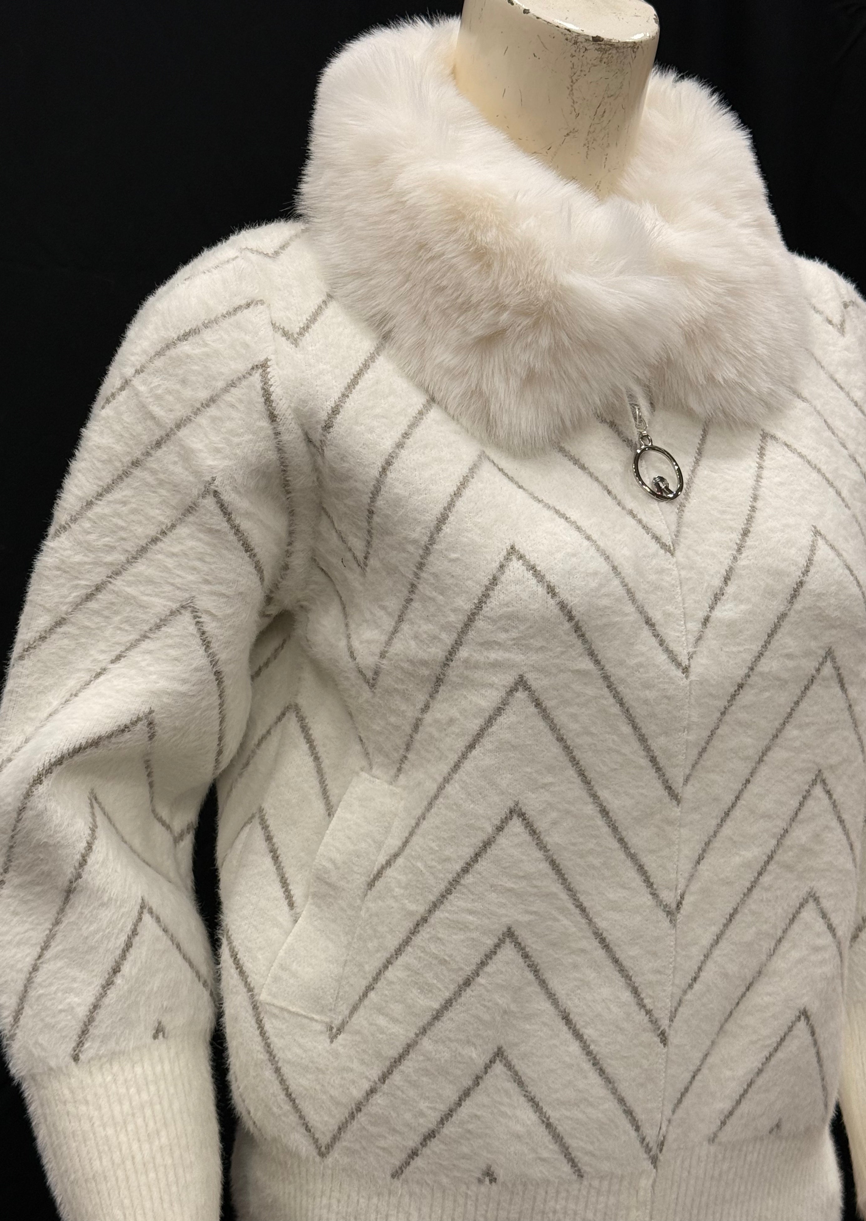 Cream Chevron Knit Cardigan with Faux Fur Collar