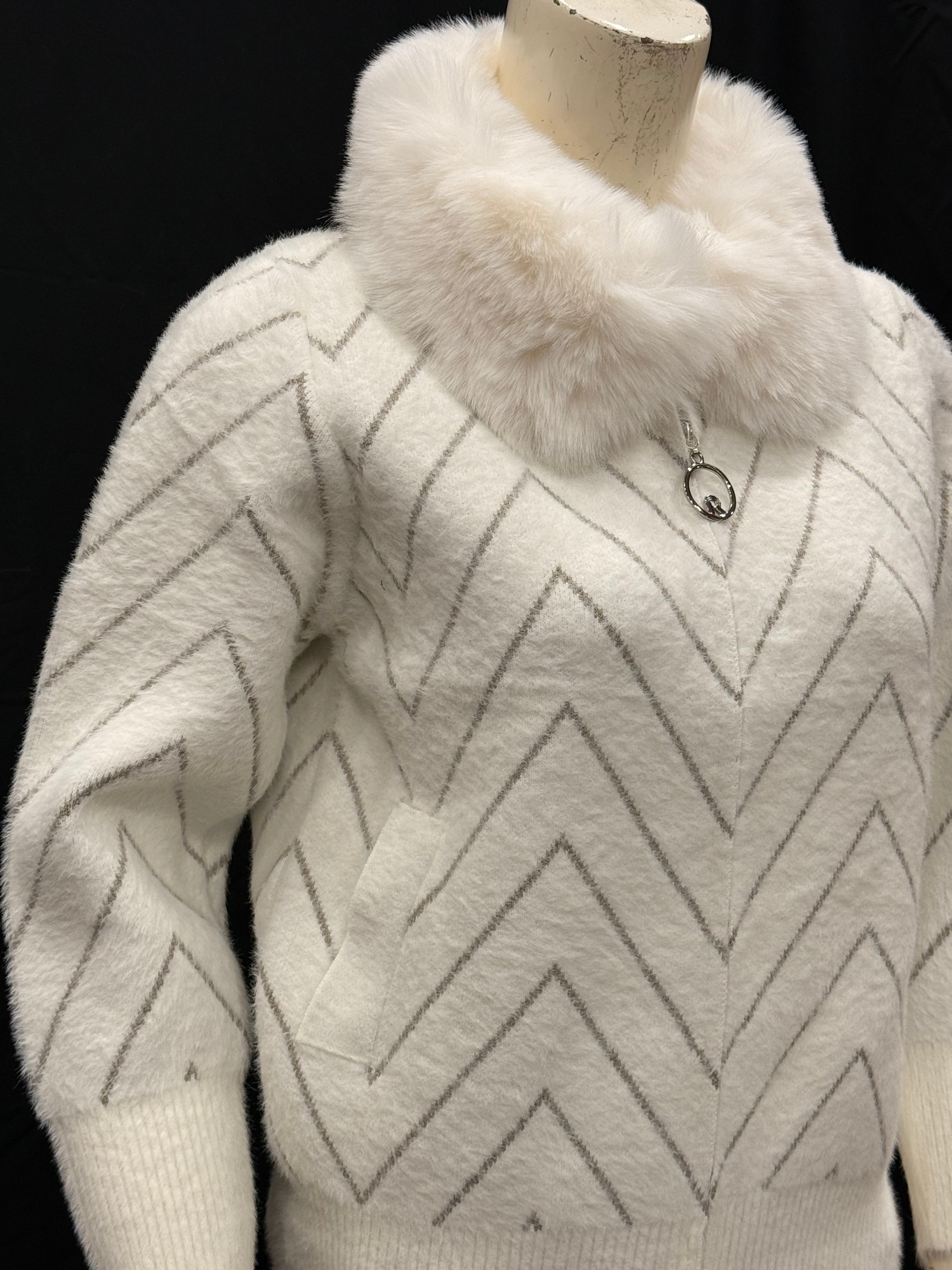 Cream Chevron Knit Cardigan with Faux Fur Collar