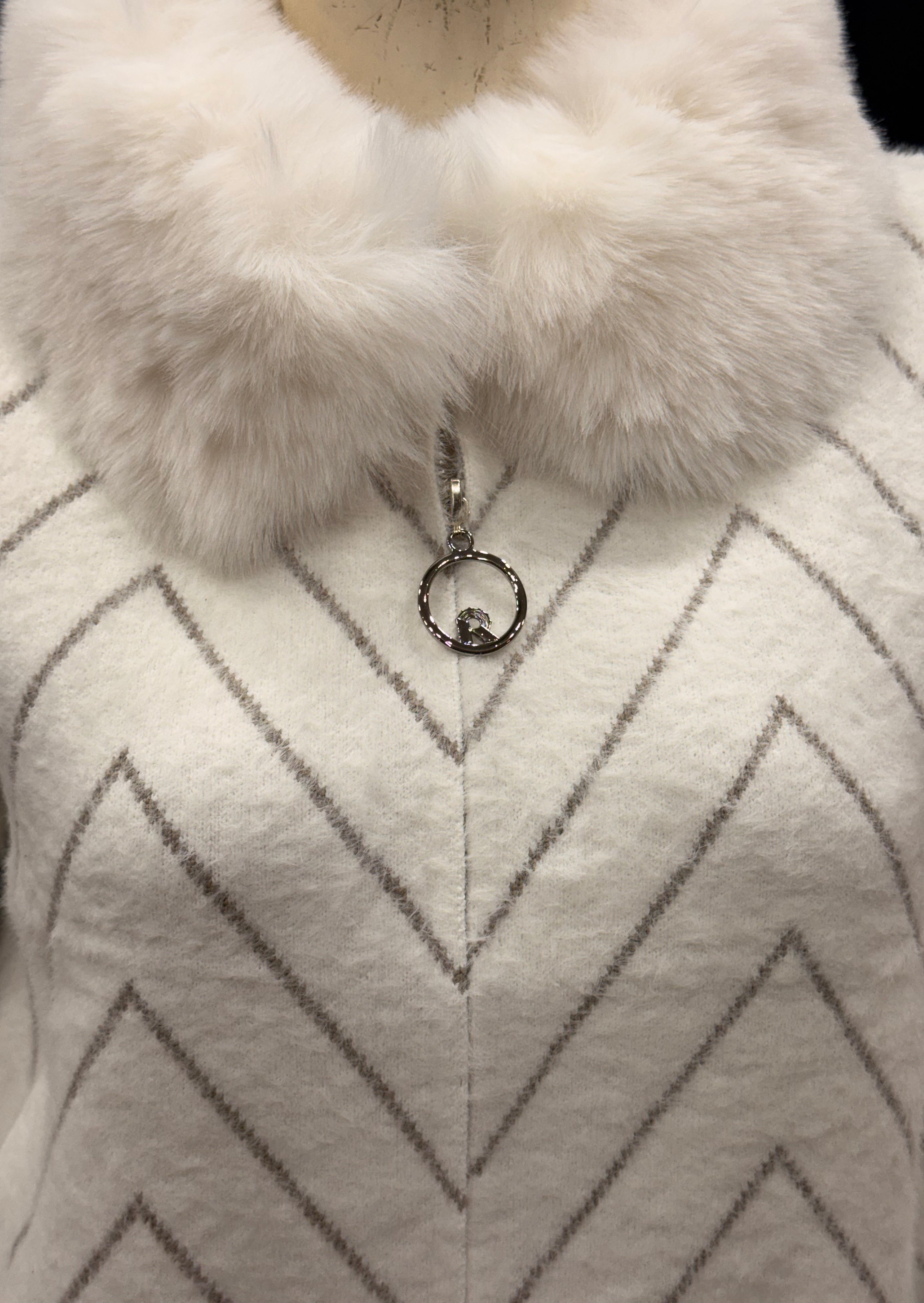 Cream Chevron Knit Cardigan with Faux Fur Collar