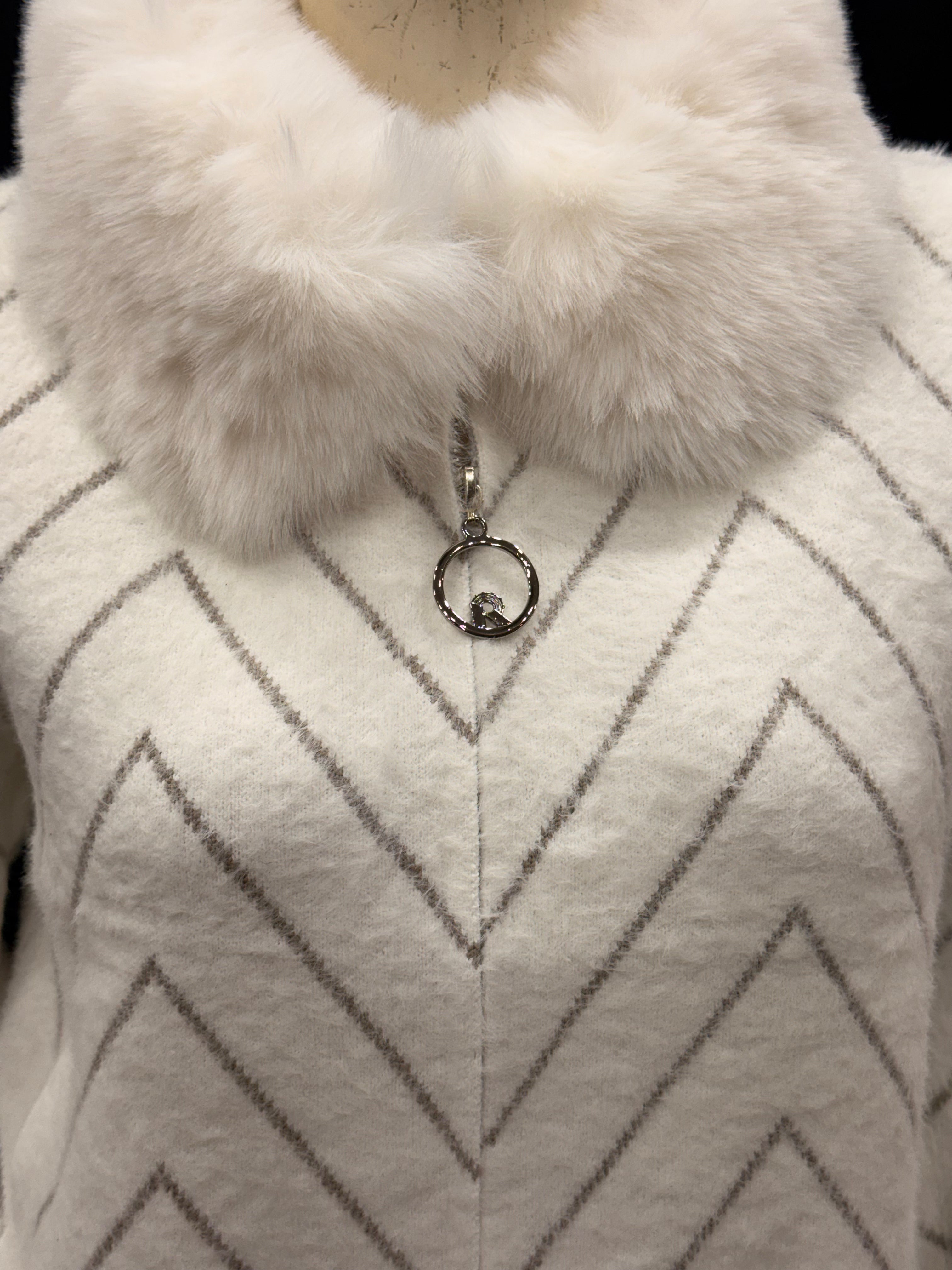 Cream Chevron Knit Cardigan with Faux Fur Collar