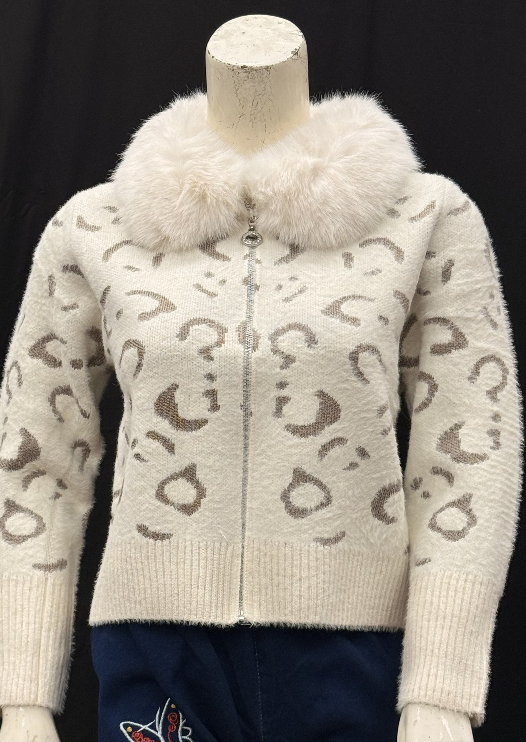 Cream Leopard Knit Cardigan with Faux Fur Collar