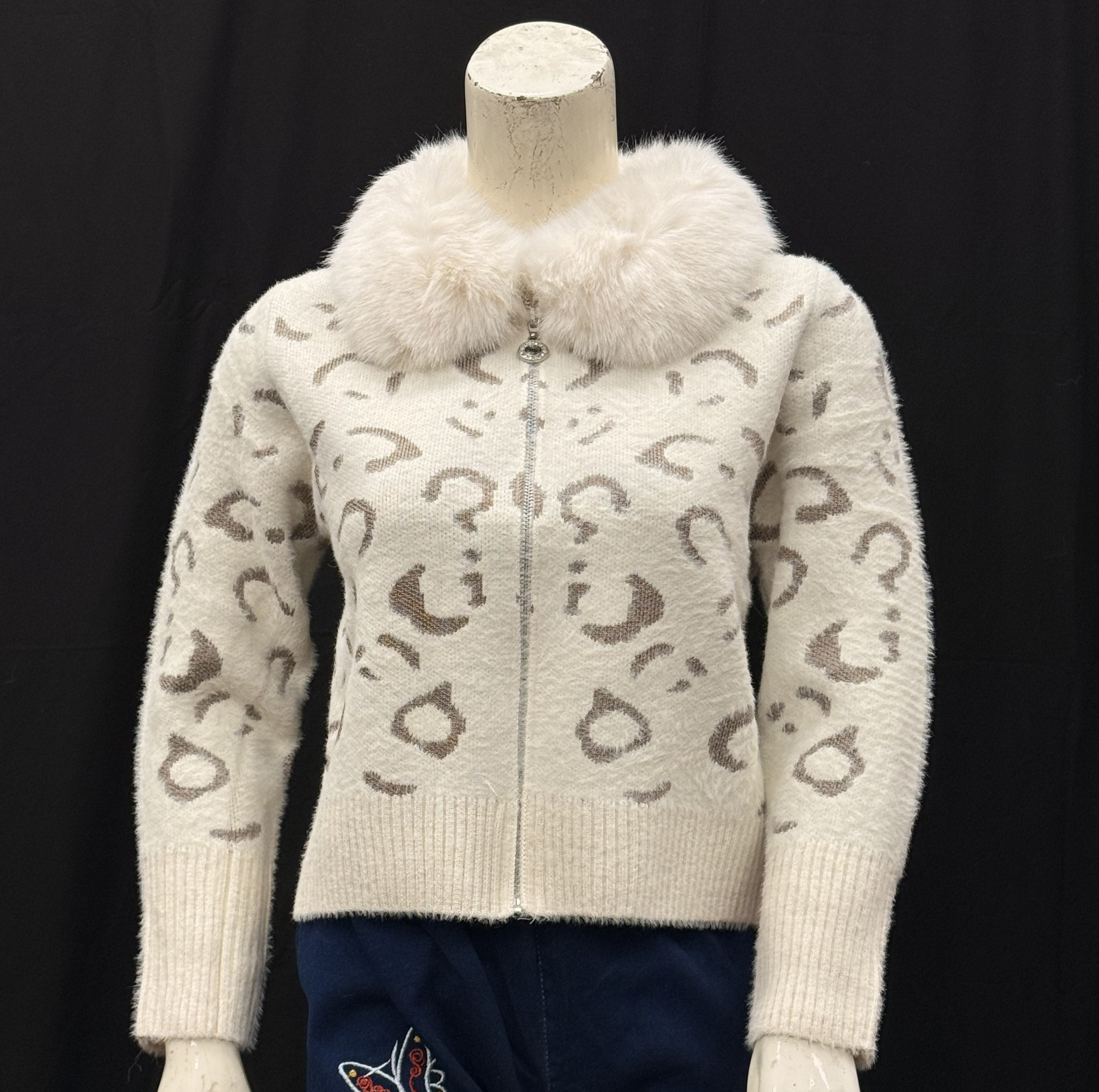 Cream Leopard Knit Cardigan with Faux Fur Collar