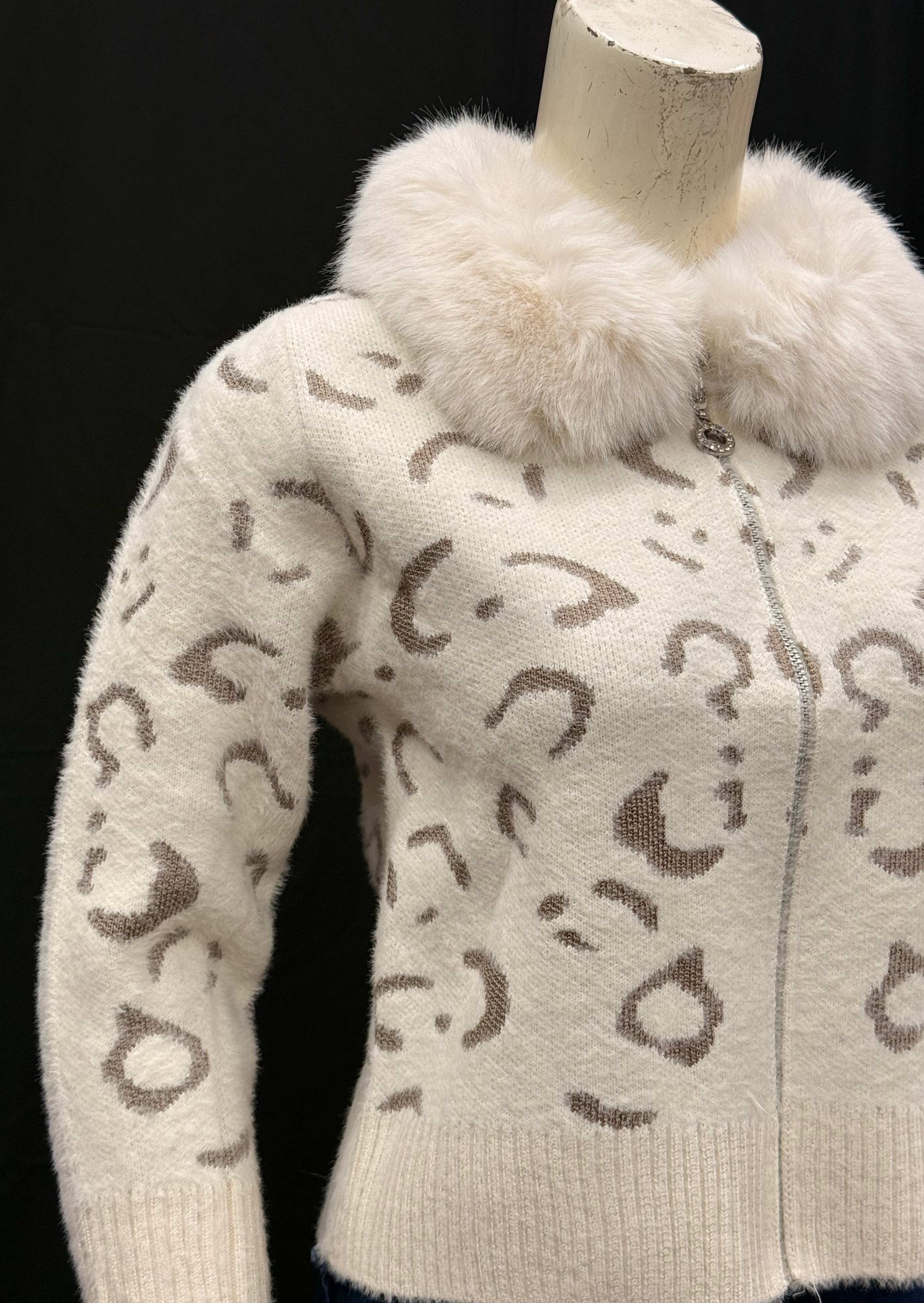 Cream Leopard Knit Cardigan with Faux Fur Collar