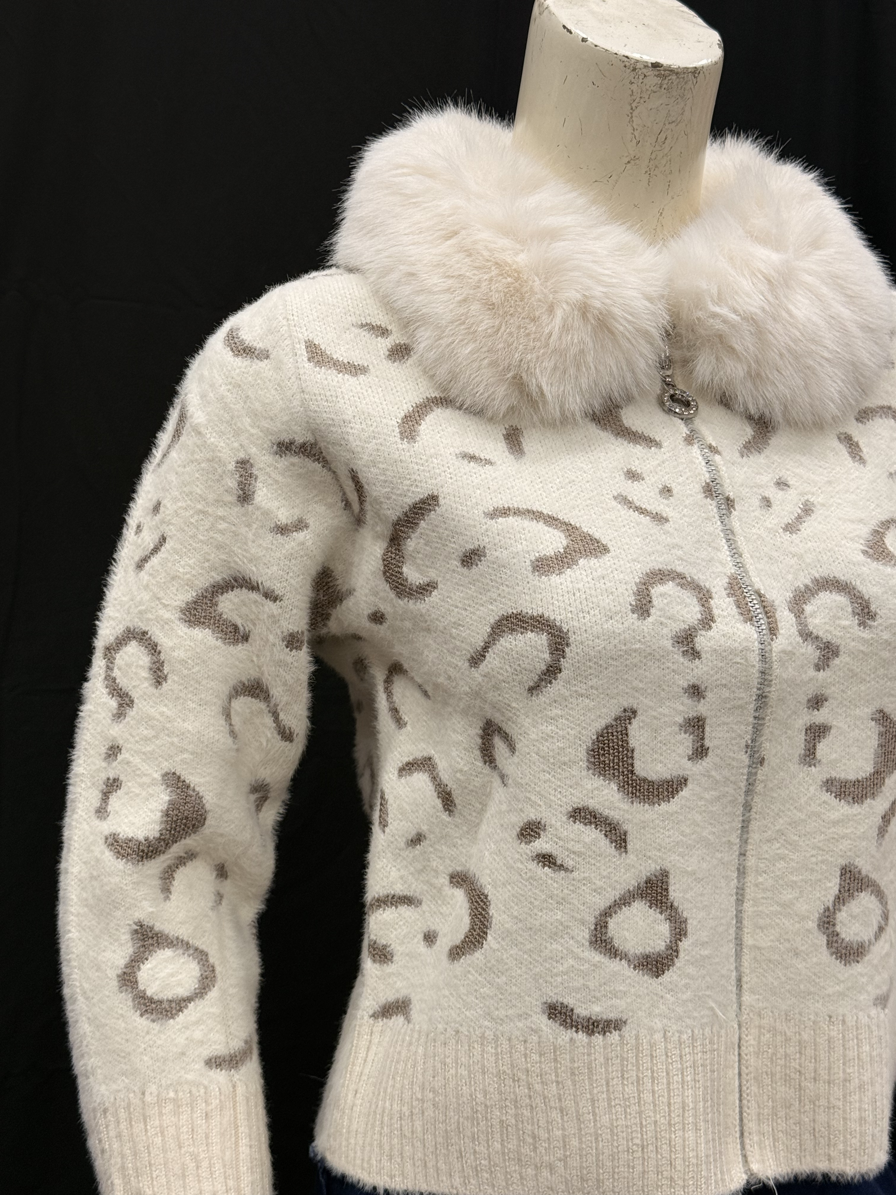 Cream Leopard Knit Cardigan with Faux Fur Collar