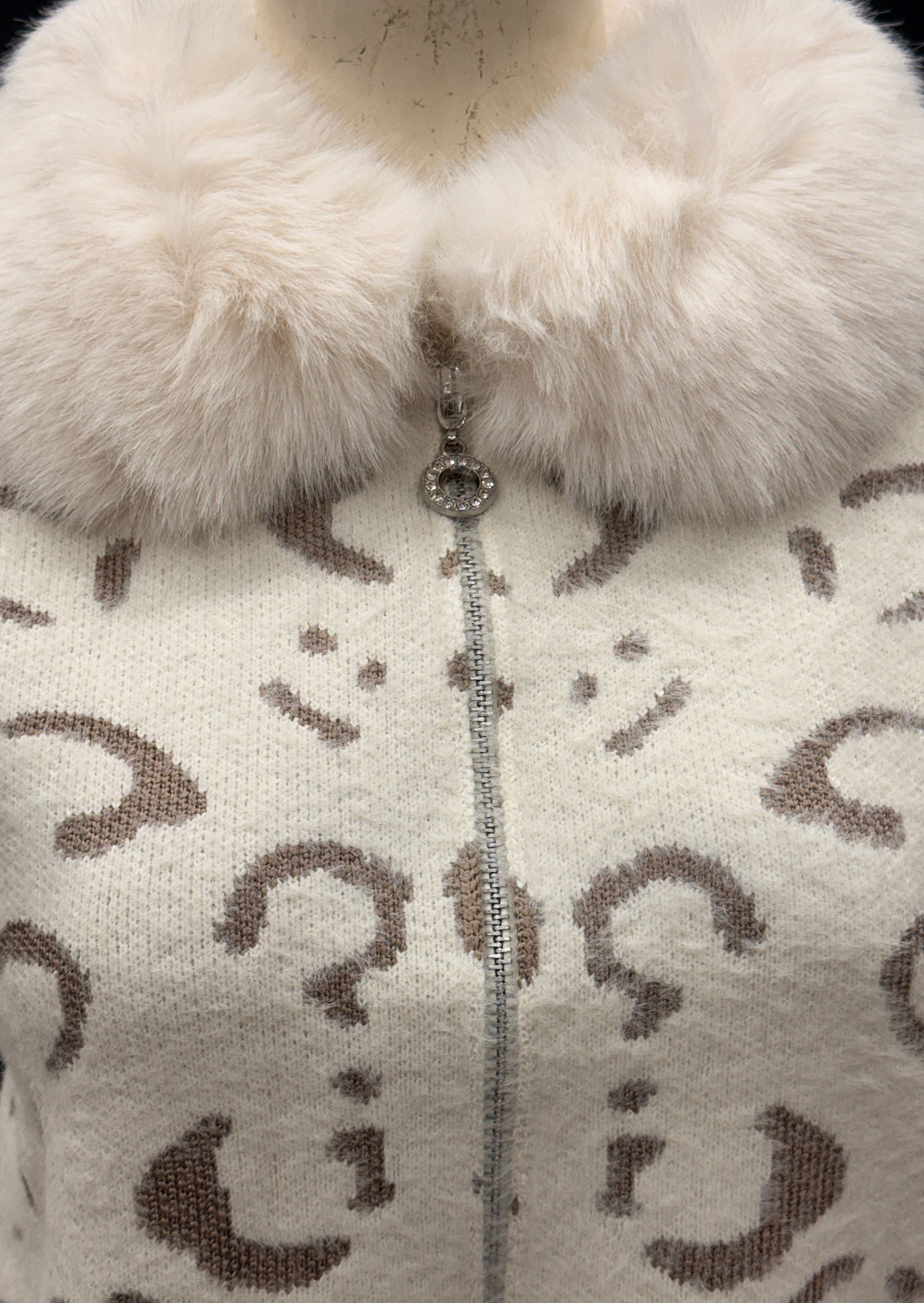 Cream Leopard Knit Cardigan with Faux Fur Collar