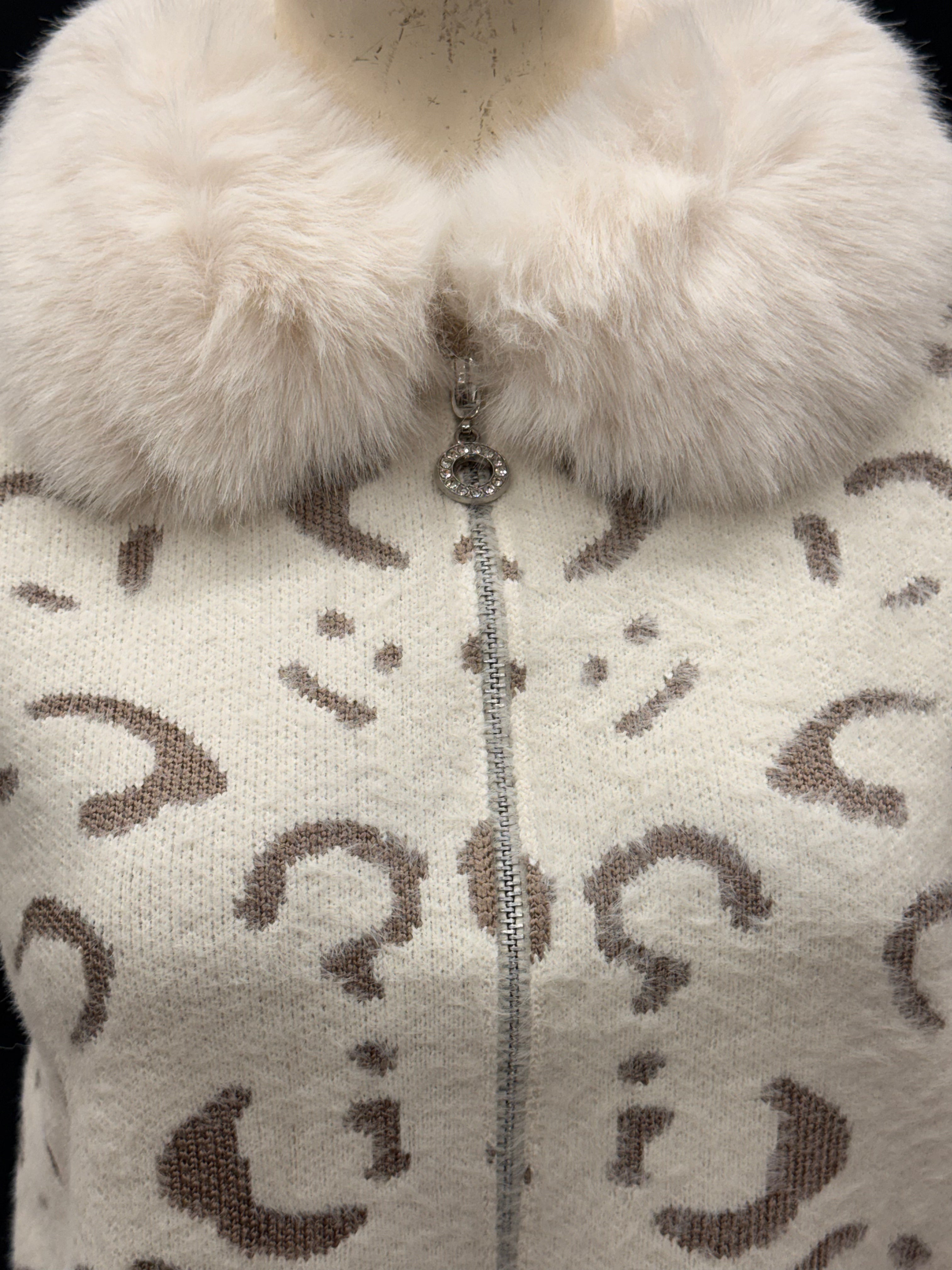 Cream Leopard Knit Cardigan with Faux Fur Collar