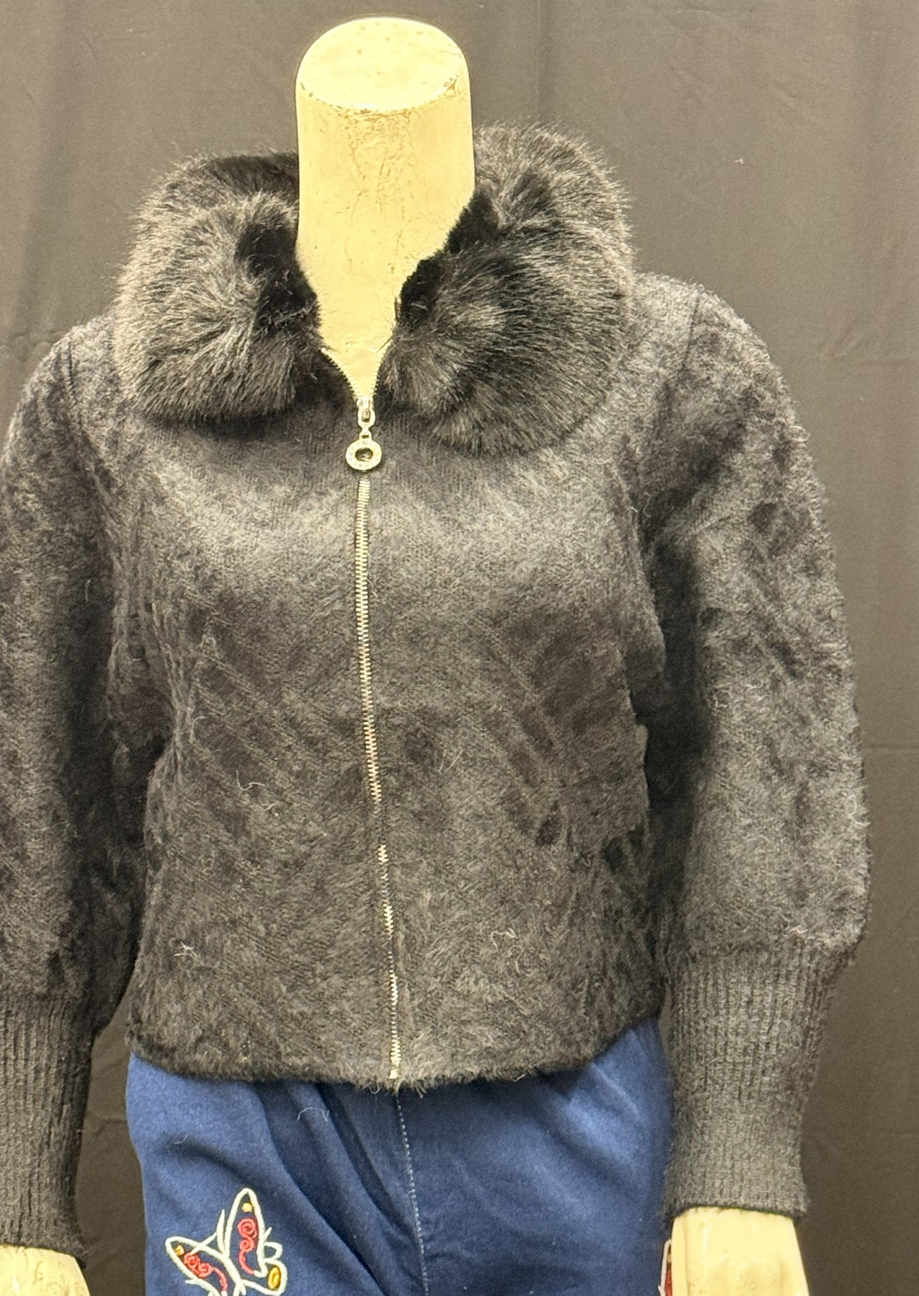 Charcoal Black Fuzzy Knit Cardigan with Faux Fur Collar