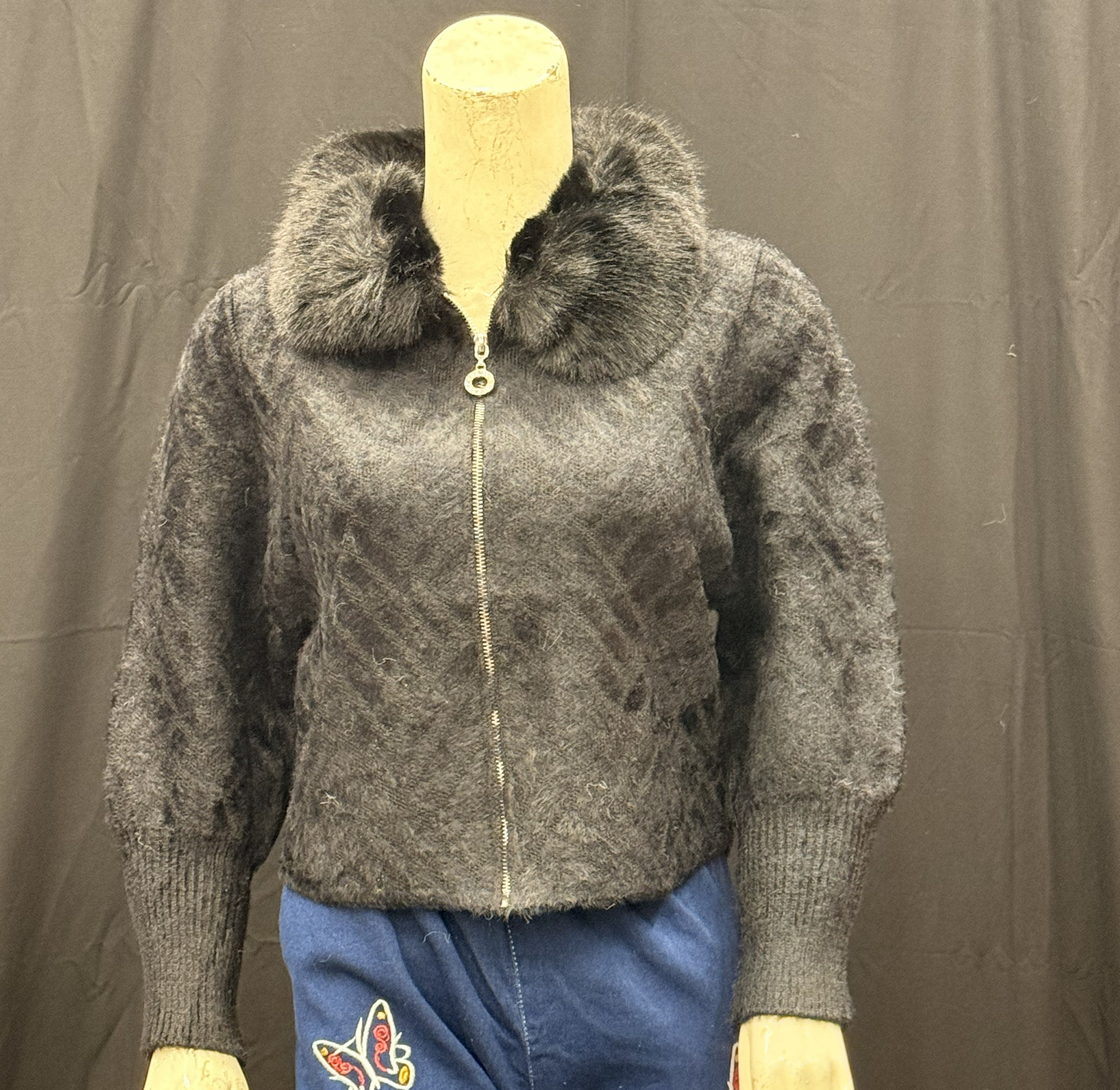 Charcoal Black Fuzzy Knit Cardigan with Faux Fur Collar