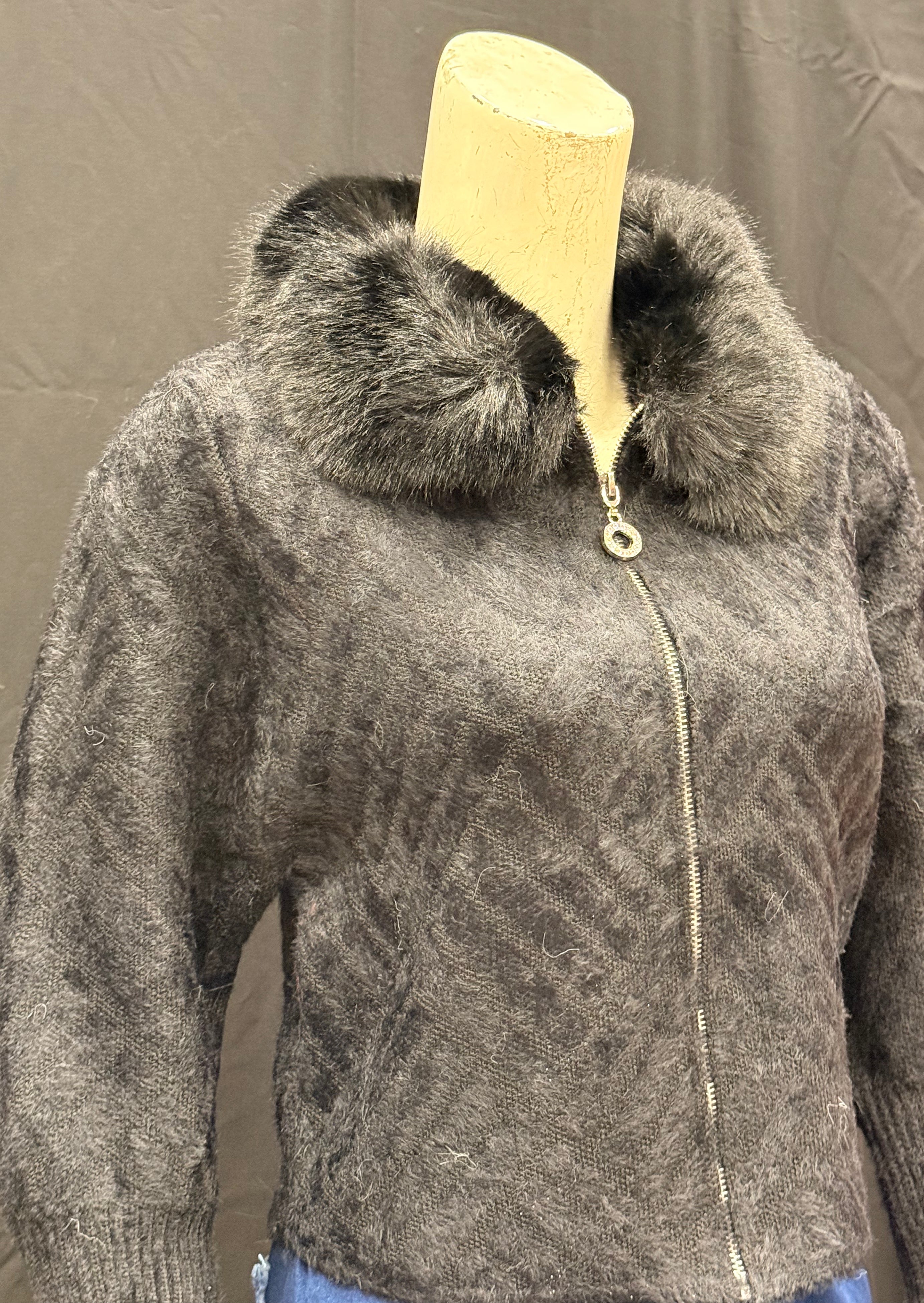 Charcoal Black Fuzzy Knit Cardigan with Faux Fur Collar